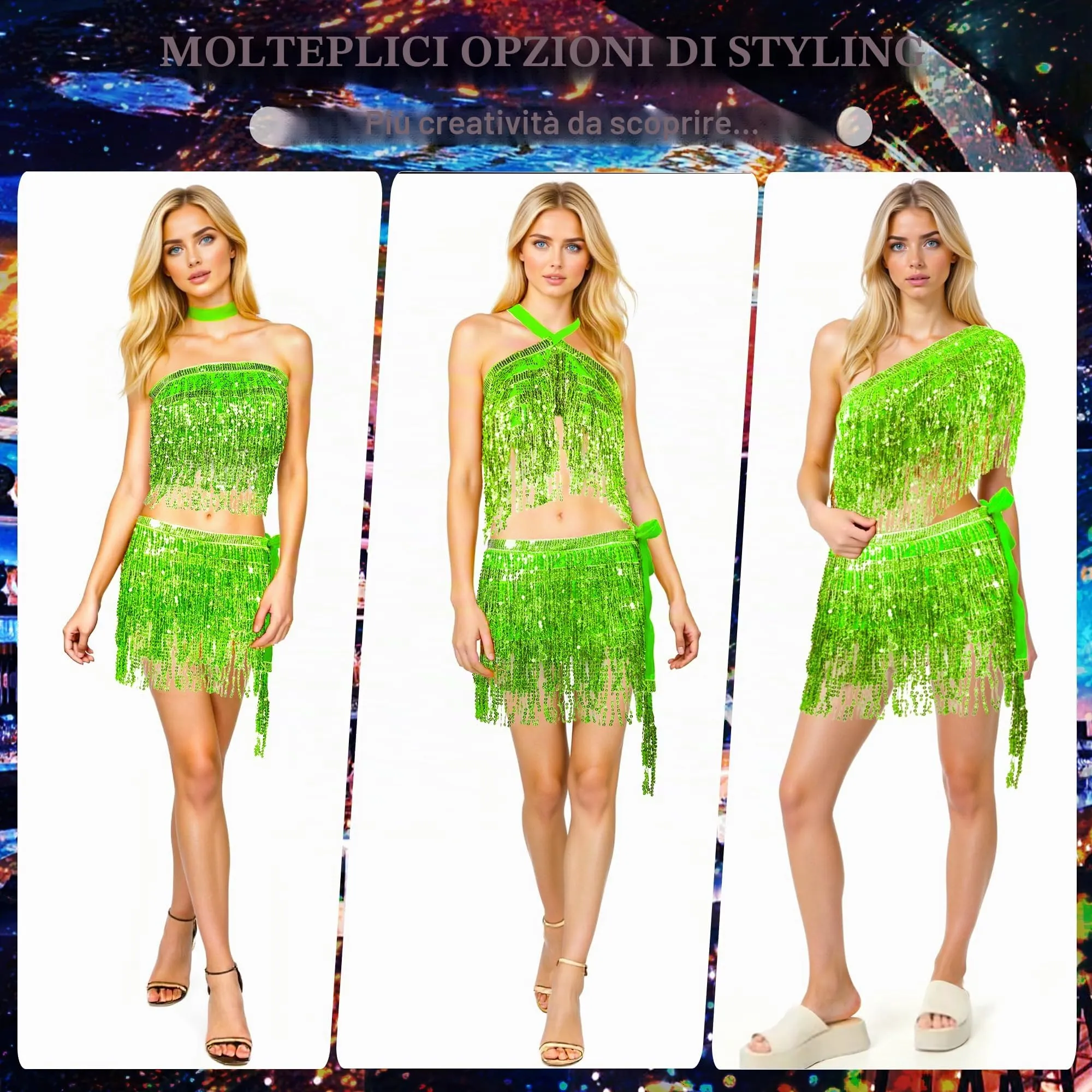 Baisdan Gonna con Paillettes e Nappe per Danza del Ventre, Verde Chiaro - immagine 2