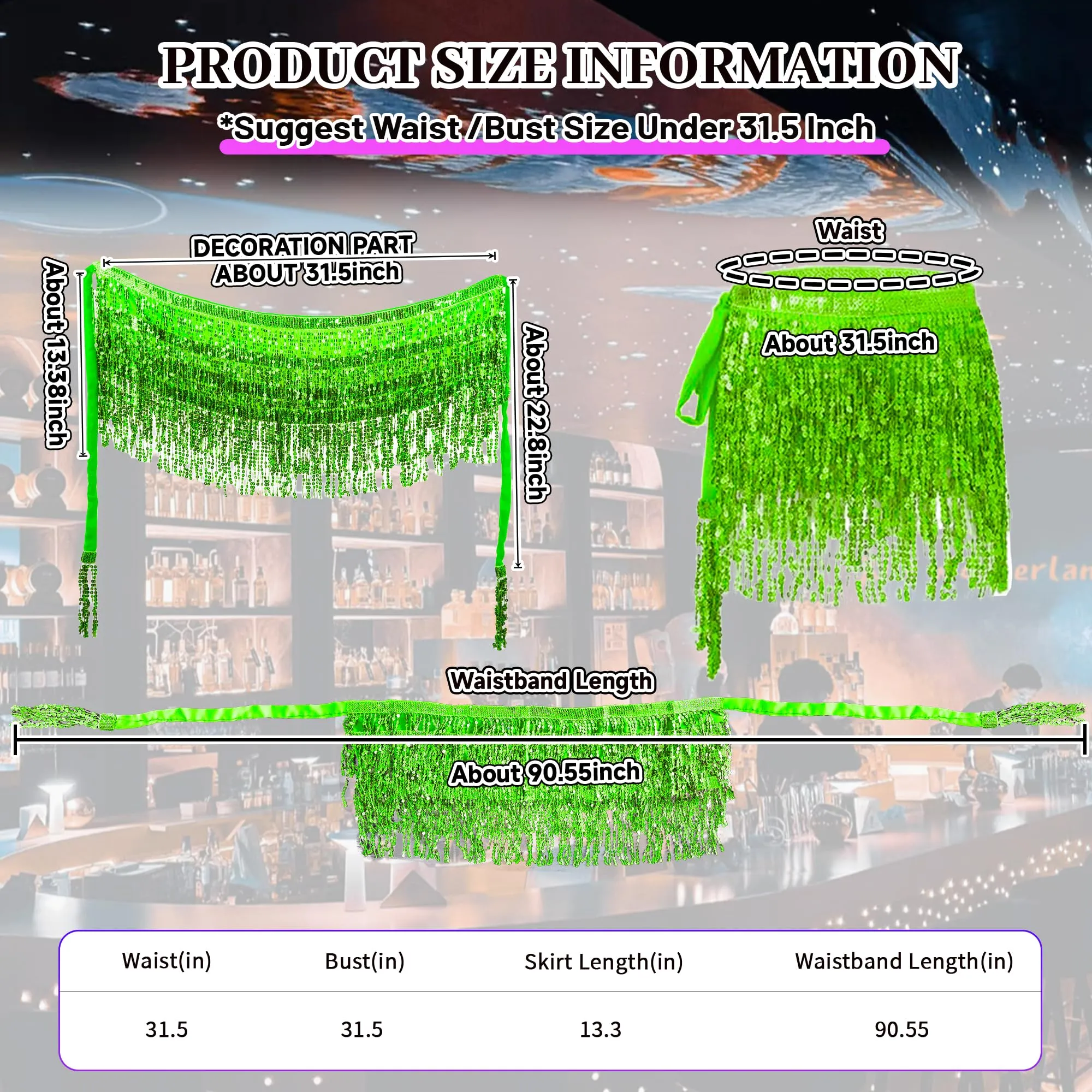 Baisdan Gonna con Paillettes e Nappe per Danza del Ventre, Verde Chiaro - immagine 3