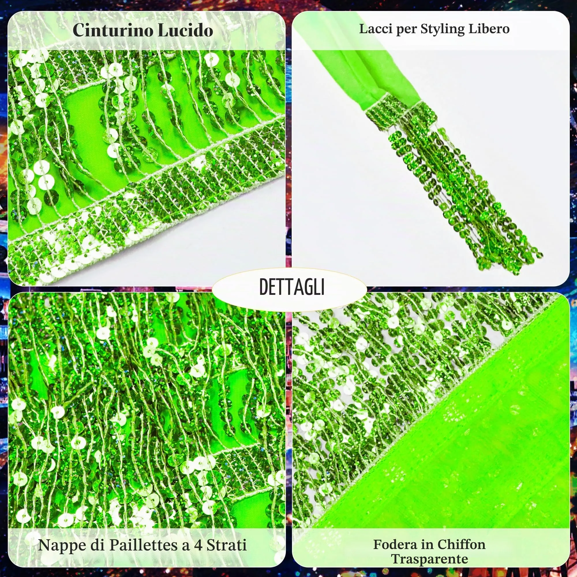 Baisdan Gonna con Paillettes e Nappe per Danza del Ventre, Verde Chiaro - immagine 4