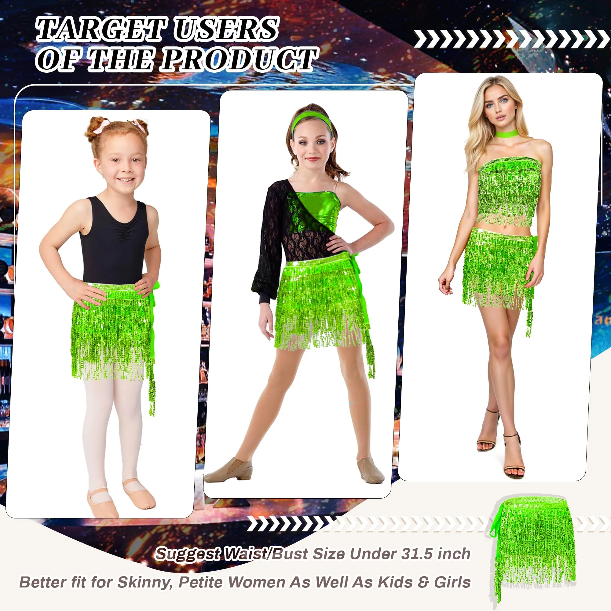 Baisdan Gonna con Paillettes e Nappe per Danza del Ventre, Verde Chiaro - immagine 5