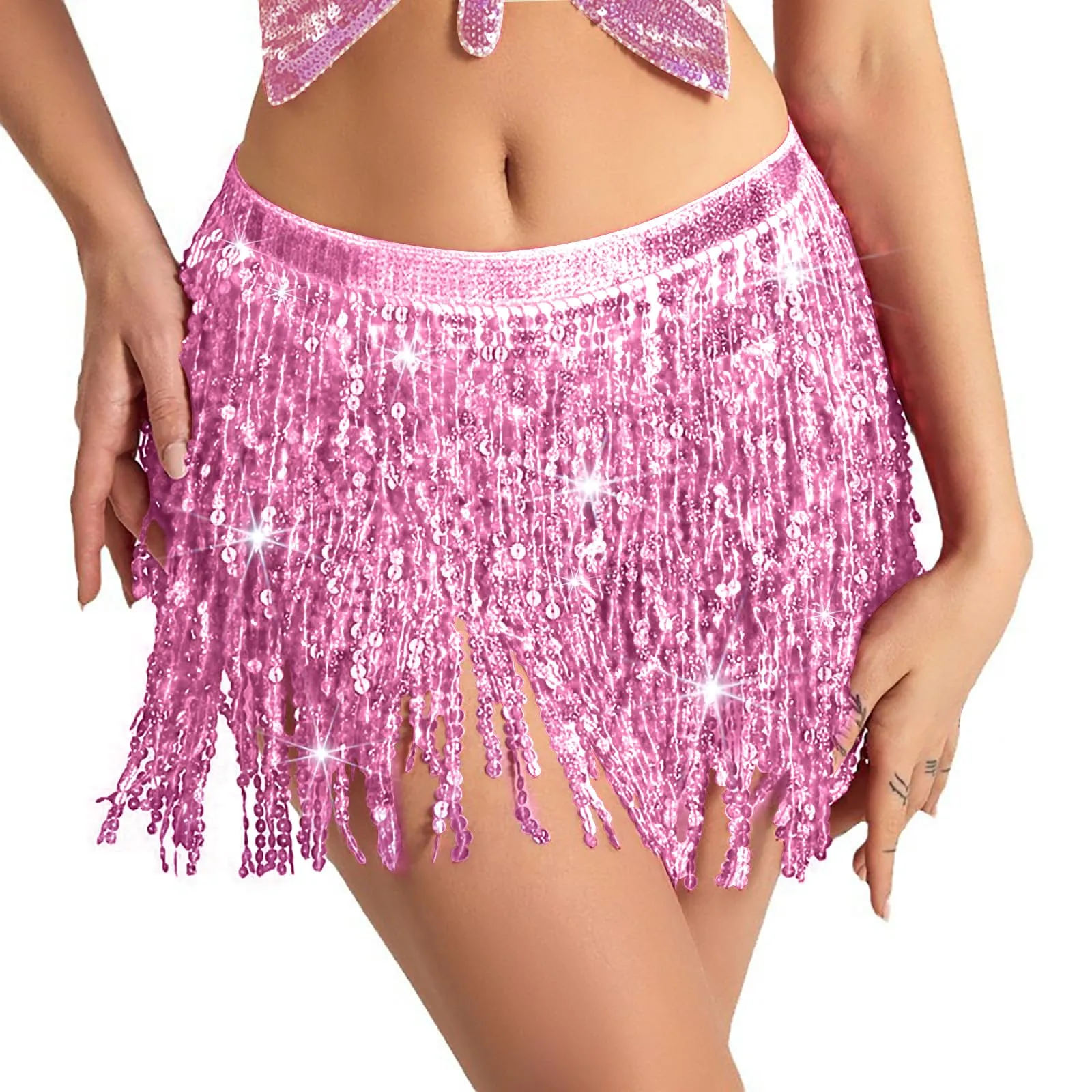 Baisdan Gonna con Paillettes e Nappe per Danza del Ventre, Rosa - immagine 1