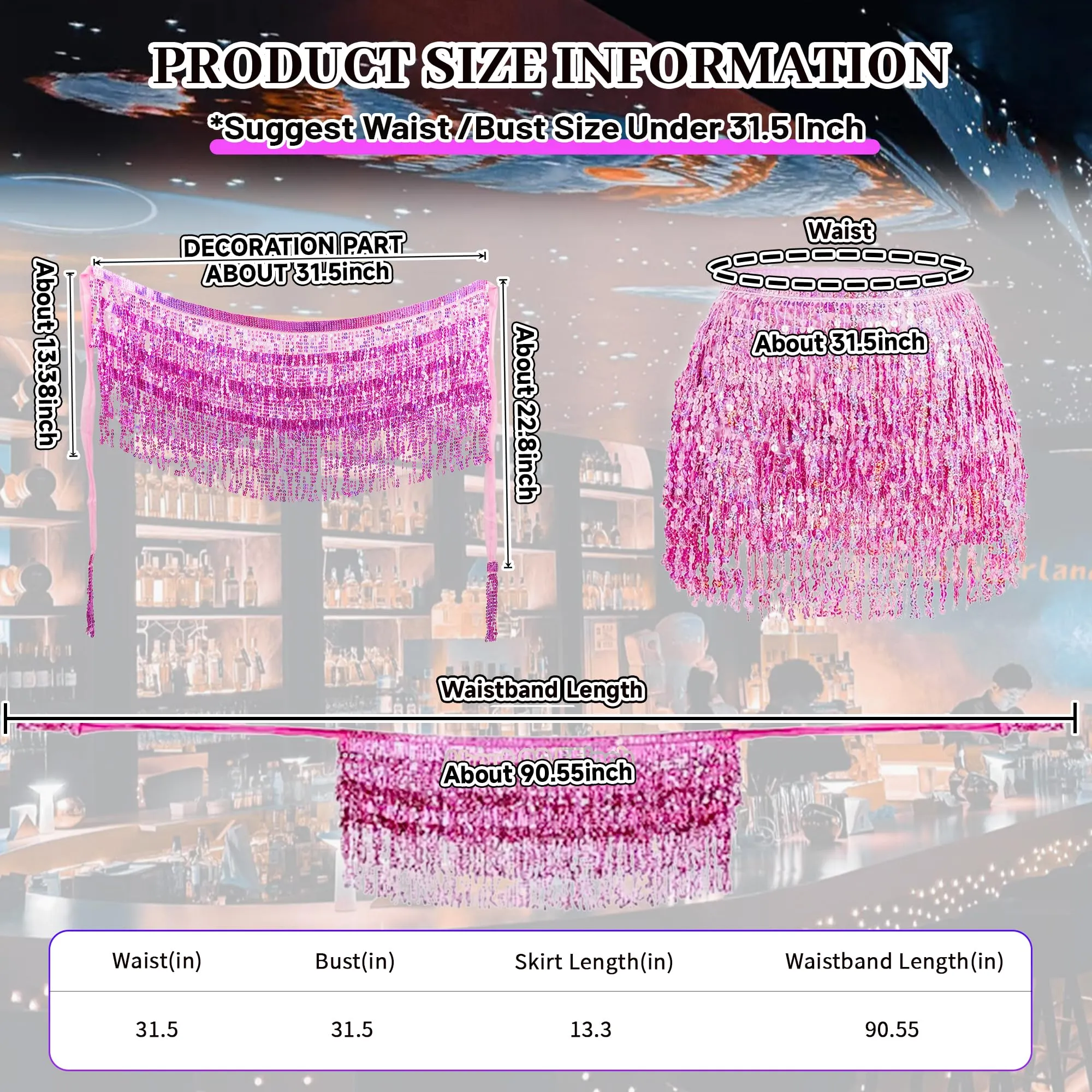 Baisdan Gonna con Paillettes e Nappe per Danza del Ventre, Rosa - immagine 3