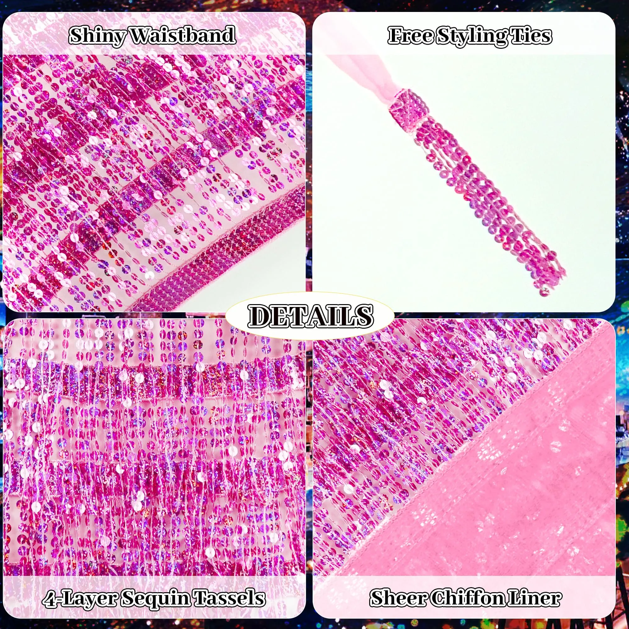 Baisdan Gonna con Paillettes e Nappe per Danza del Ventre, Rosa - immagine 4