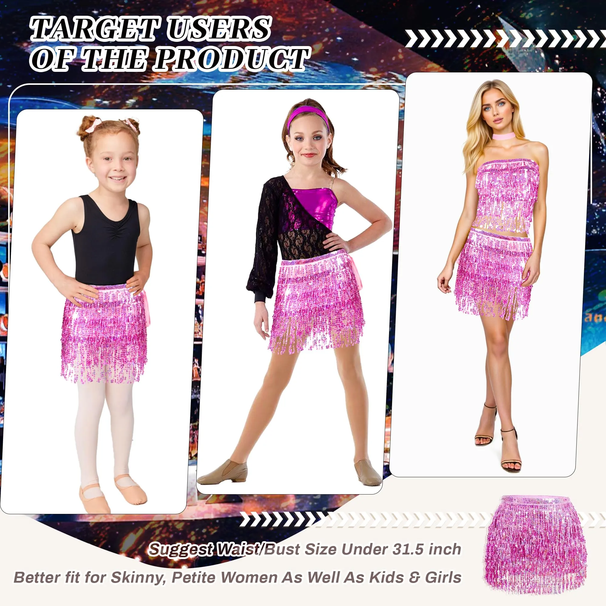 Baisdan Gonna con Paillettes e Nappe per Danza del Ventre, Rosa - immagine 5