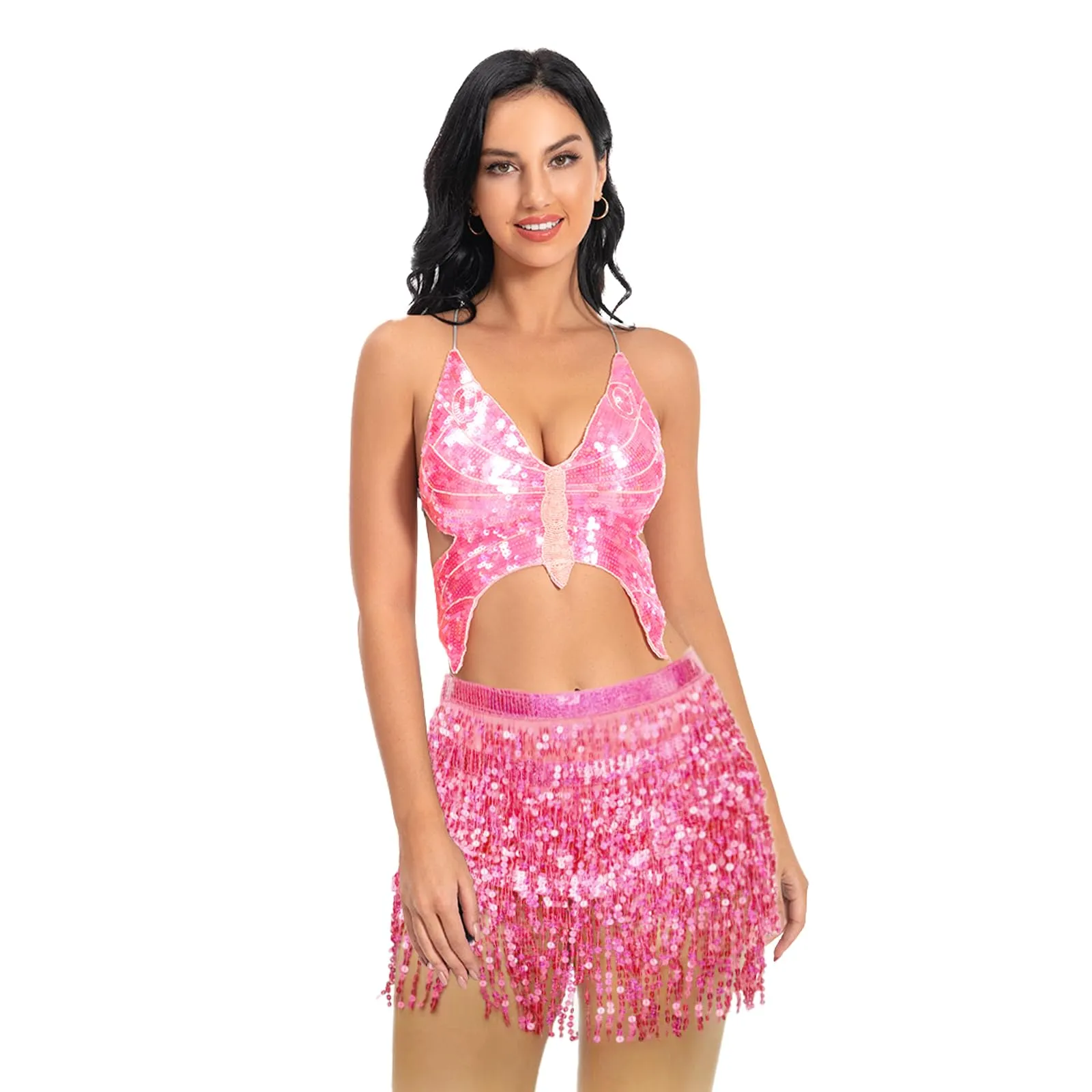 Baisdan Gonna con Paillettes e Nappe per Danza del Ventre, Rosa - immagine 6