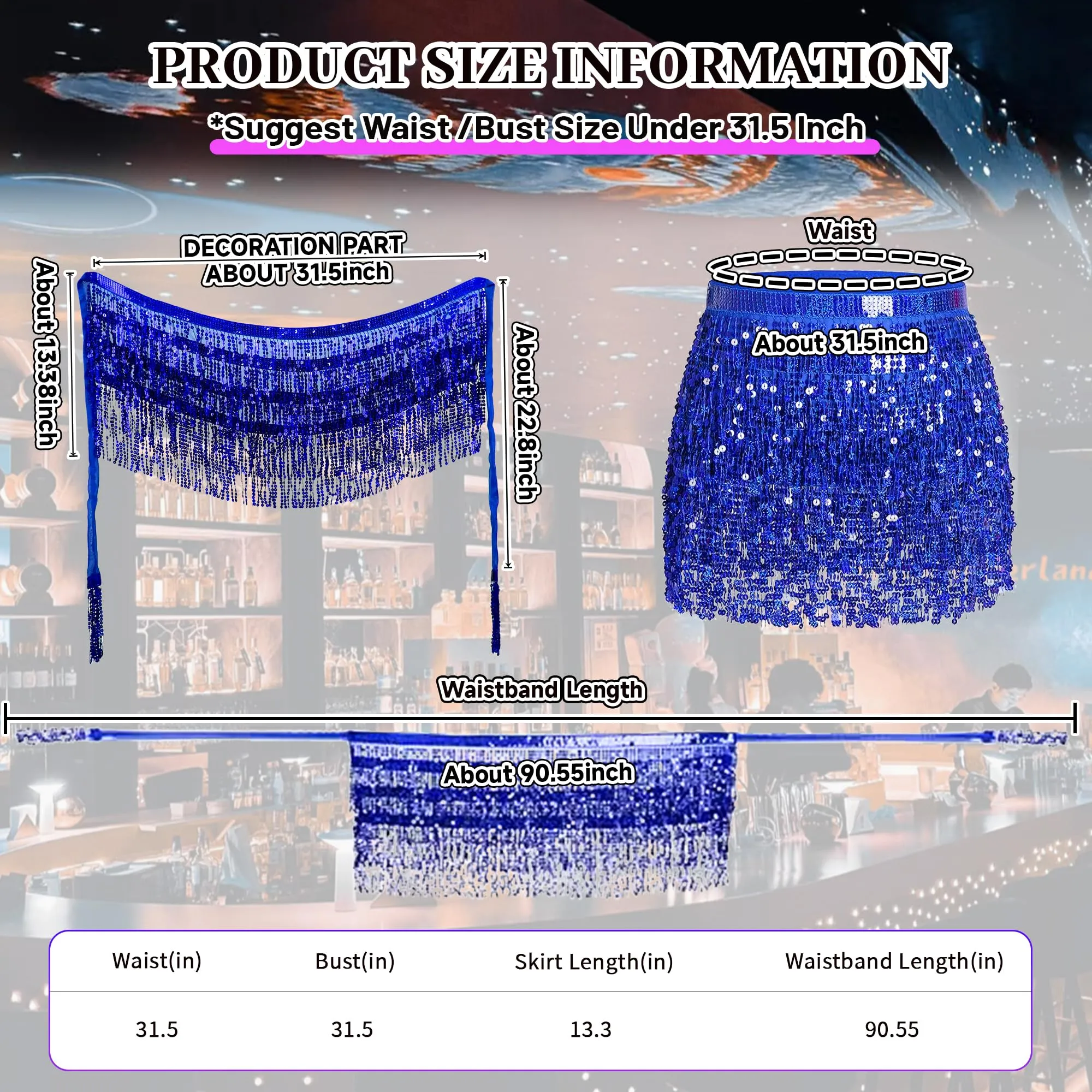 Baisdan Gonna con Paillettes e Nappe per Danza del Ventre, Blu Scuro - immagine 3