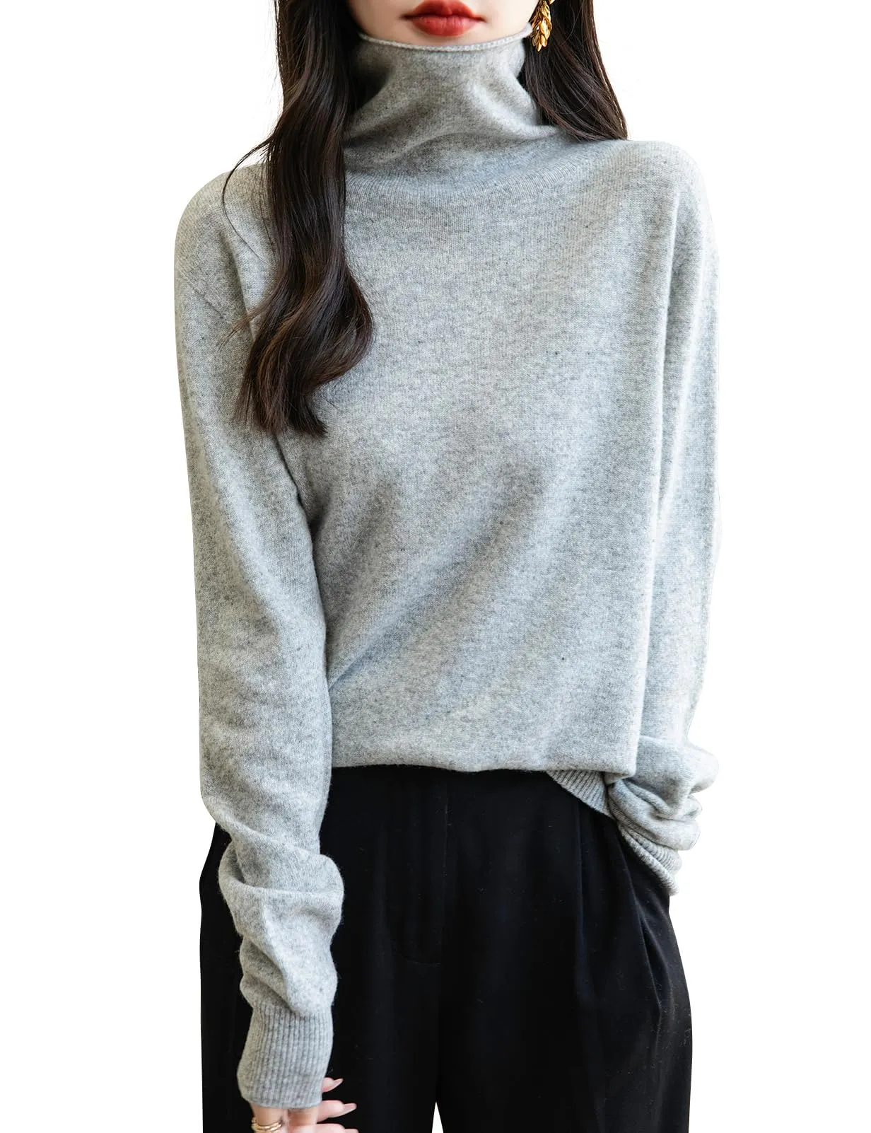 Chanyarn Maglione Donna in 100% Lana Merino Collo Alto Senza Cuciture (Light Grey, M) - immagine 1