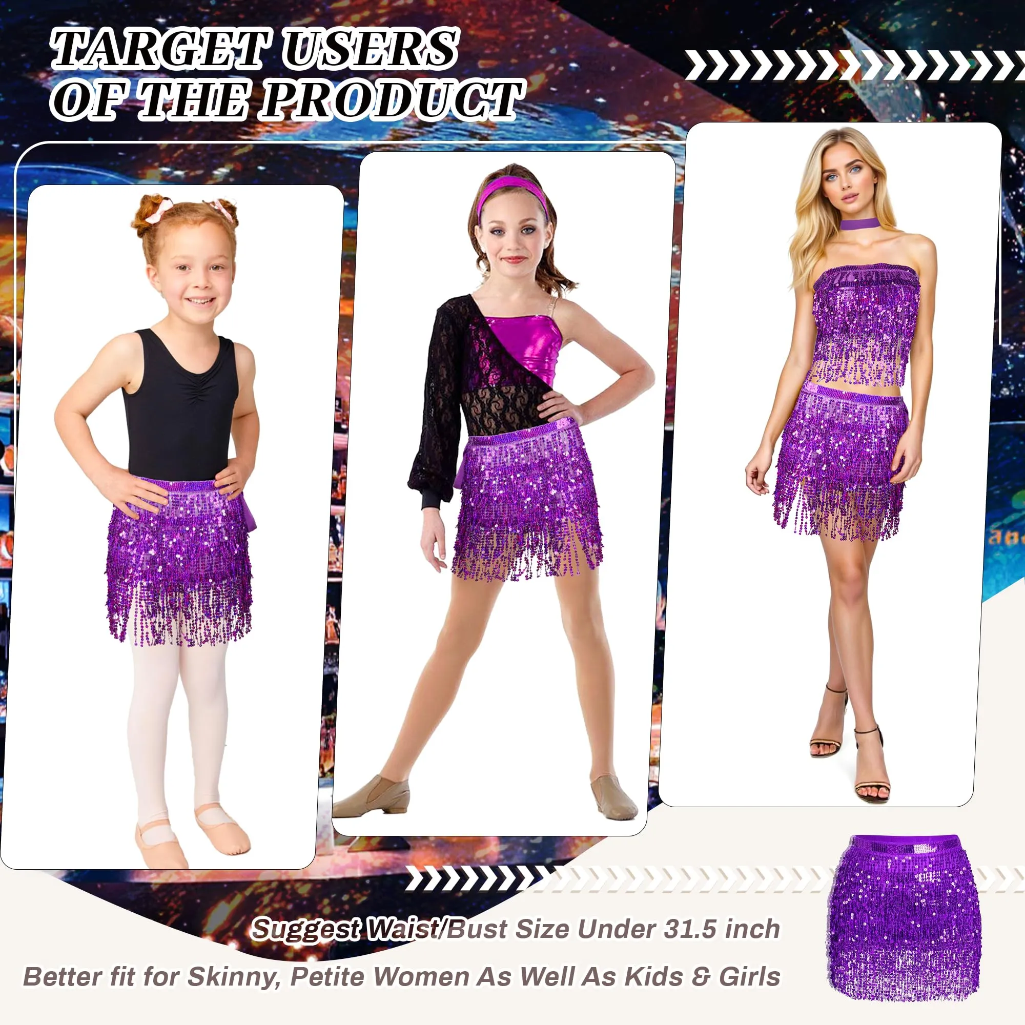 Baisdan Gonna con Paillettes e Nappe per Danza del Ventre, Viola - immagine 2
