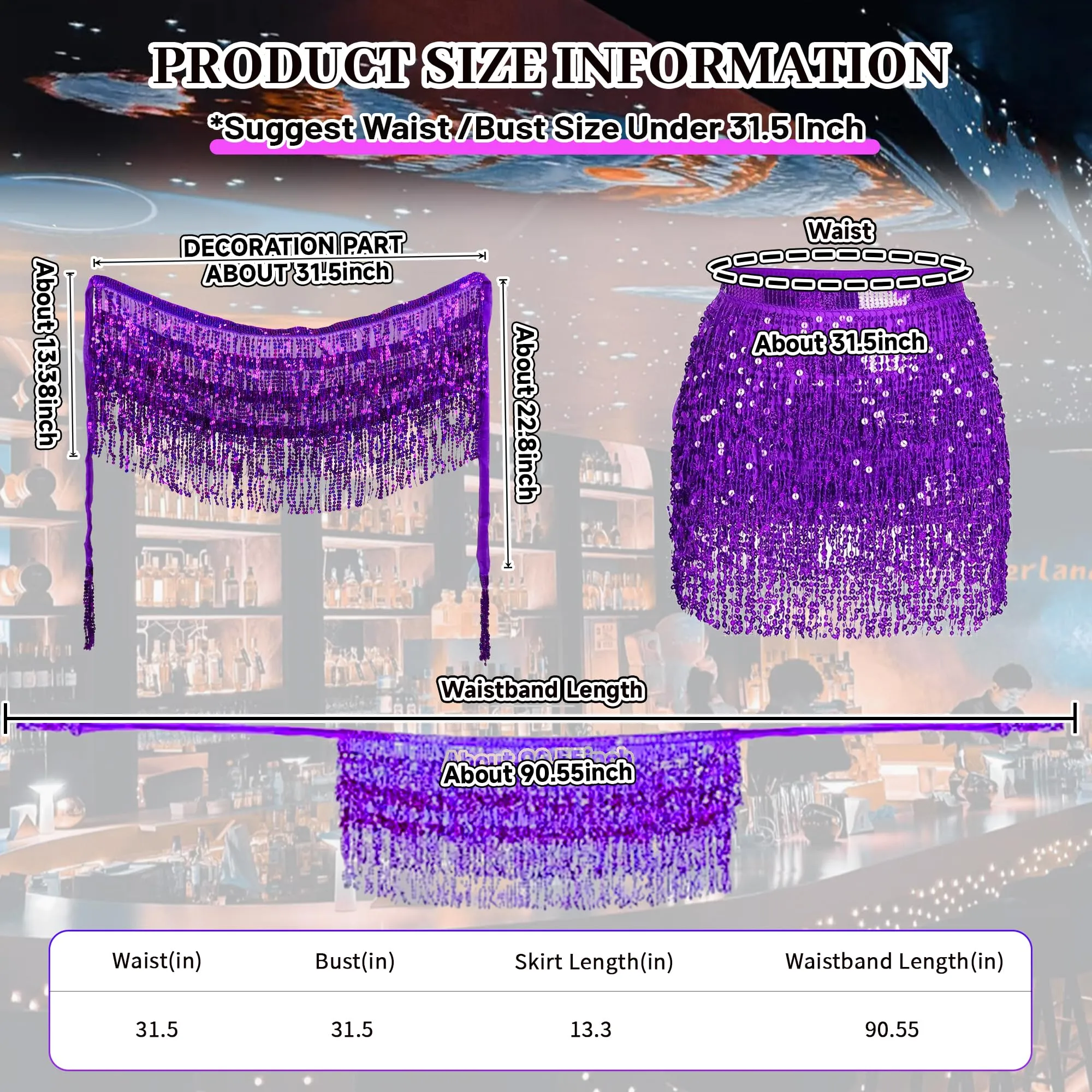 Baisdan Gonna con Paillettes e Nappe per Danza del Ventre, Viola - immagine 3
