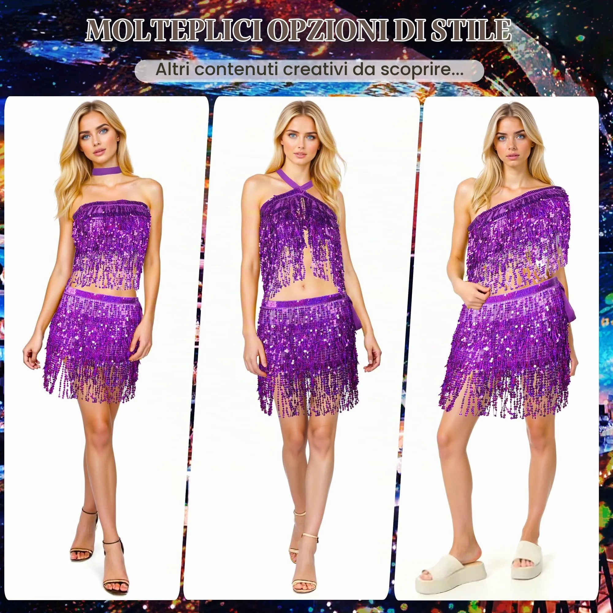 Baisdan Gonna con Paillettes e Nappe per Danza del Ventre, Viola - immagine 5