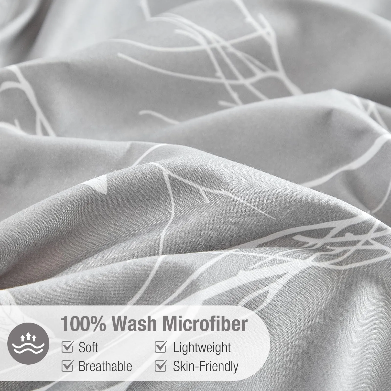 Tokokimo Set Copripiumino Matrimoniale 3 Pezzi in Microfibra, Motivo Ramoscelli e Foglie, 260x240cm, Grigio/Bianco - immagine 4