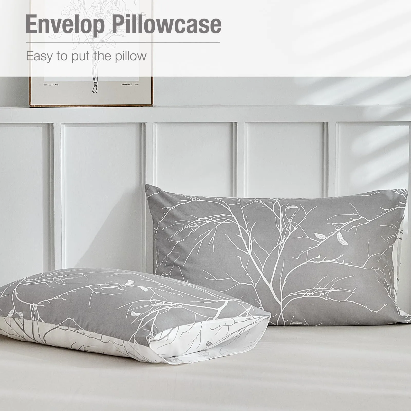 Tokokimo Set Copripiumino Matrimoniale 3 Pezzi in Microfibra, Motivo Ramoscelli e Foglie, 260x240cm, Grigio/Bianco - immagine 6