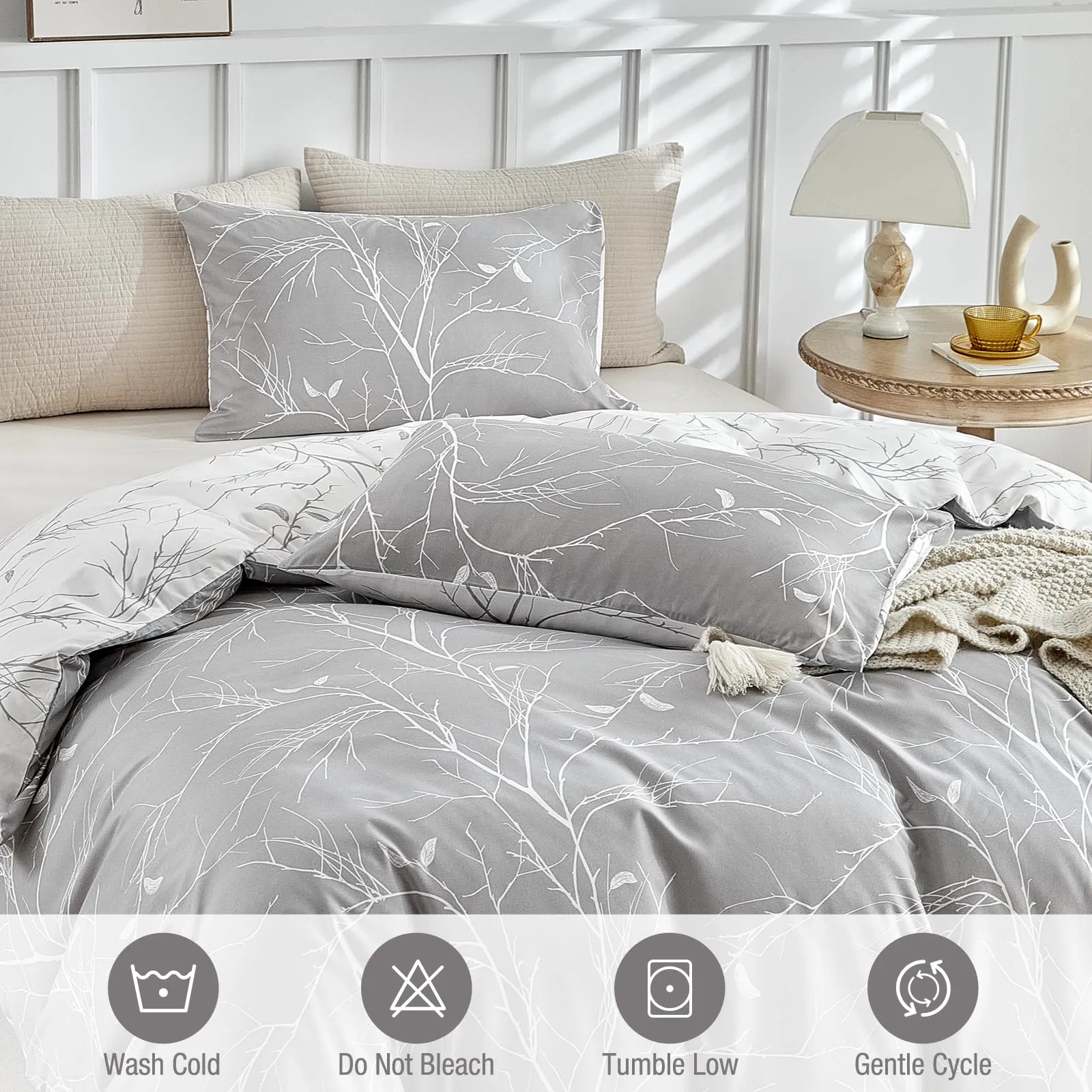 Tokokimo Set Copripiumino Matrimoniale 3 Pezzi in Microfibra, Motivo Ramoscelli e Foglie, 260x240cm, Grigio/Bianco - immagine 8