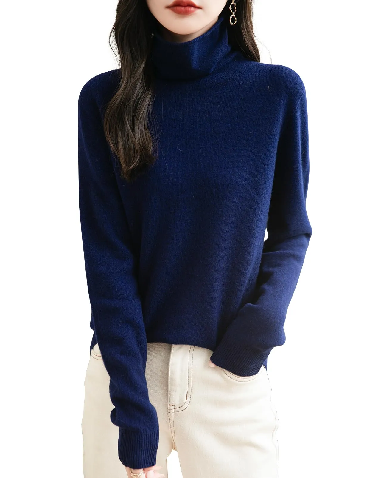 Chanyarn Maglione Donna 100% Lana Merino Collo Alto Senza Cuciture (Navy Blue, M) - immagine 1