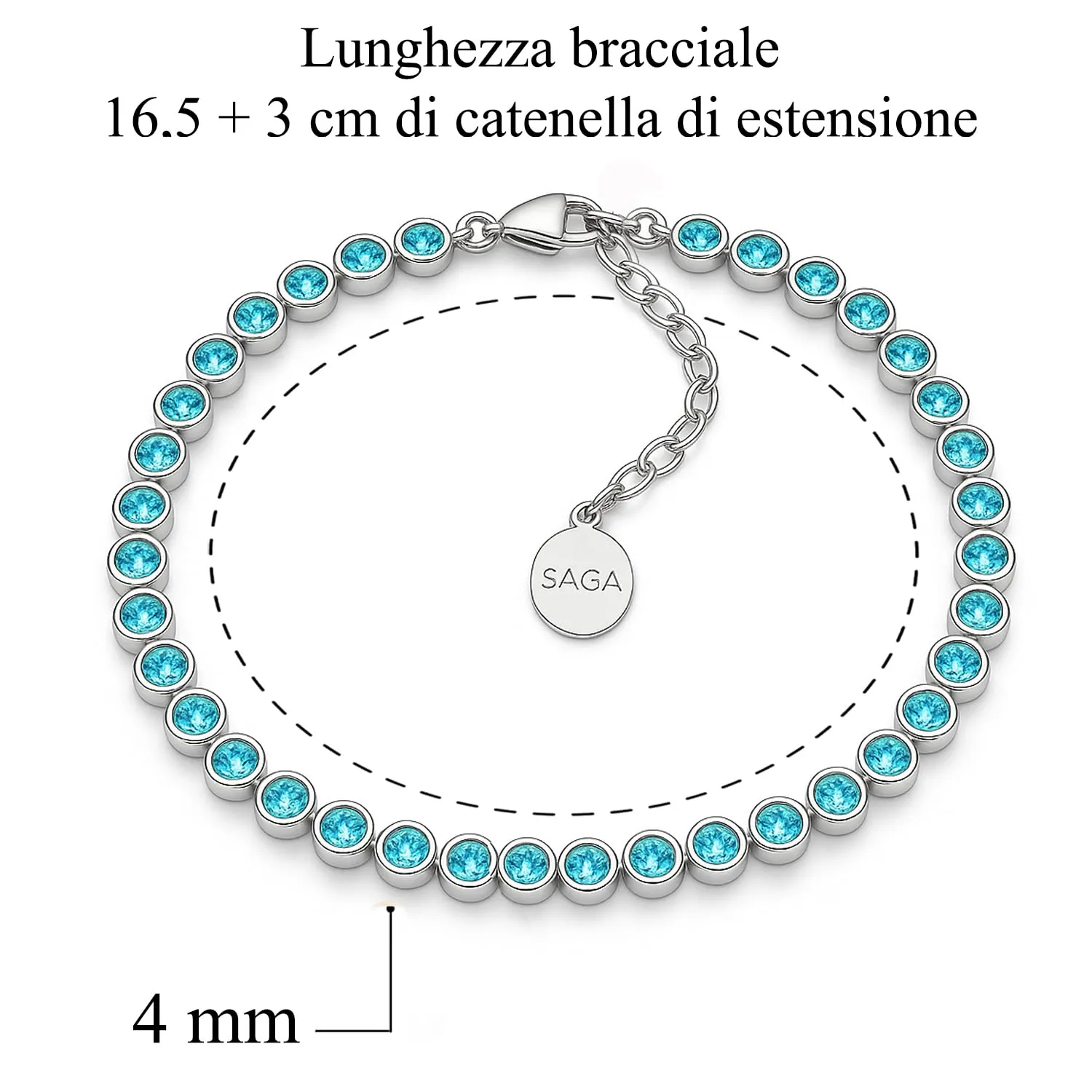 SAGA GIOIELLI Bracciale Tennis Unisex in Acciaio Inossidabile, Zirconi 4 mm, 16,5+3 cm, Celeste - immagine 2
