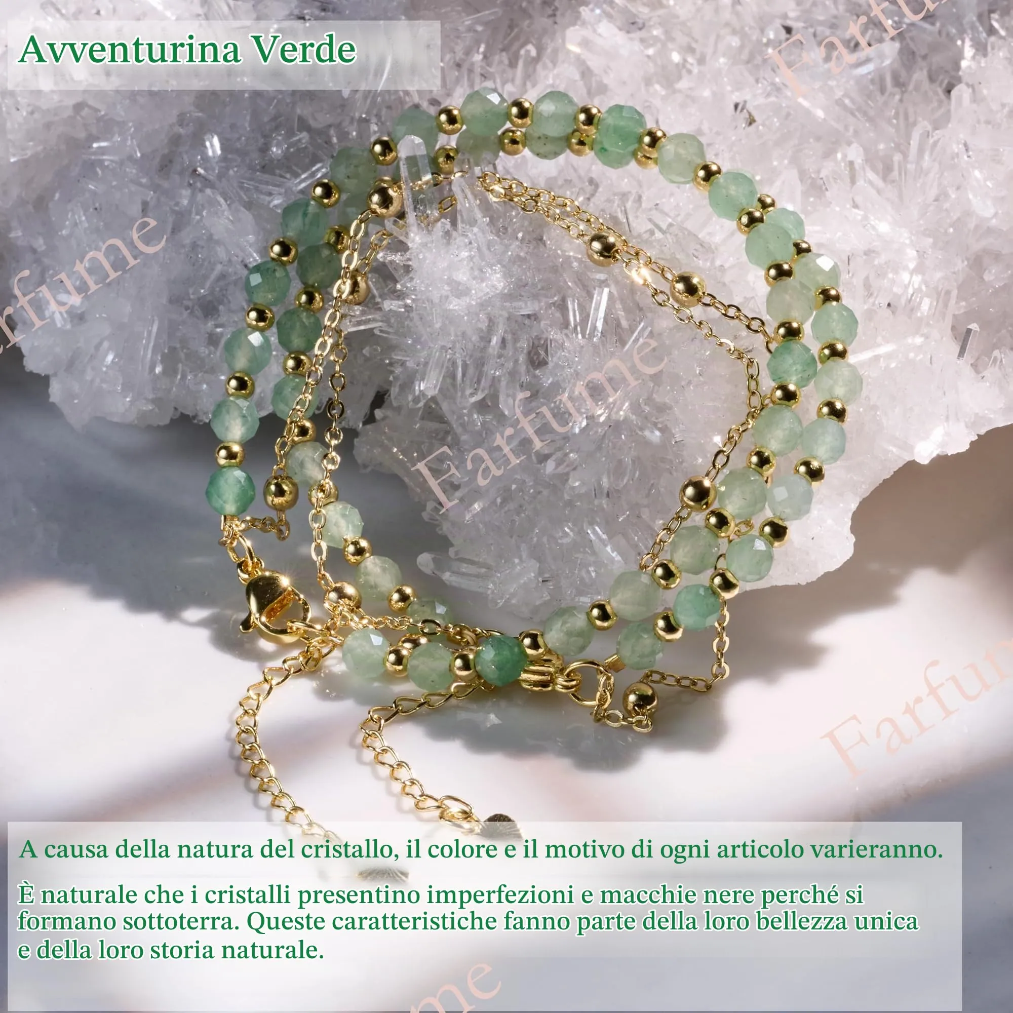 Farfume Bracciale in Avventurina Verde, Perle in Pietra Naturale da 4mm, Fatto a Mano per Donna - immagine 3