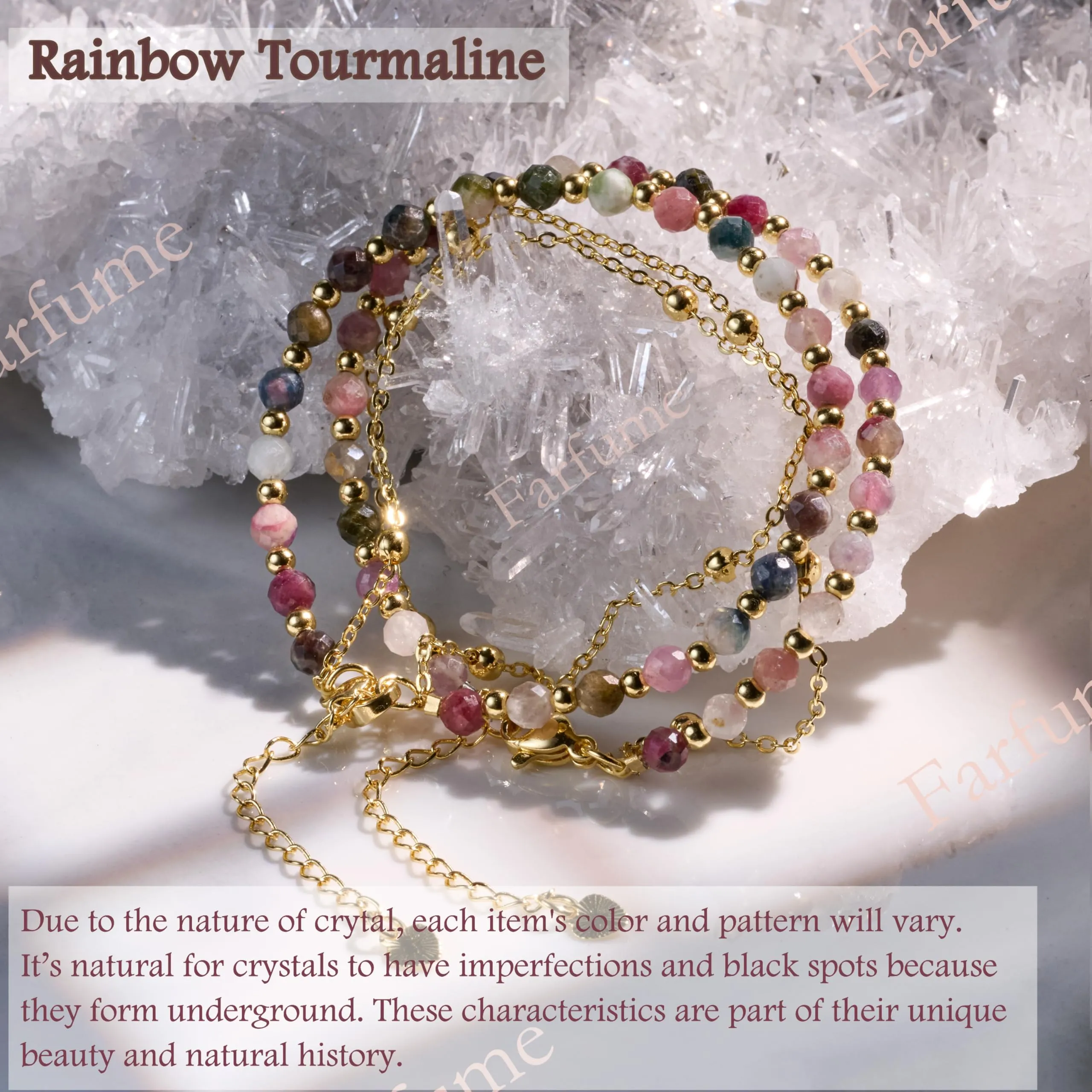 Farfume Bracciale Tormalina Arcobaleno in Pietre Naturali per Donna, Perle 4mm - immagine 3