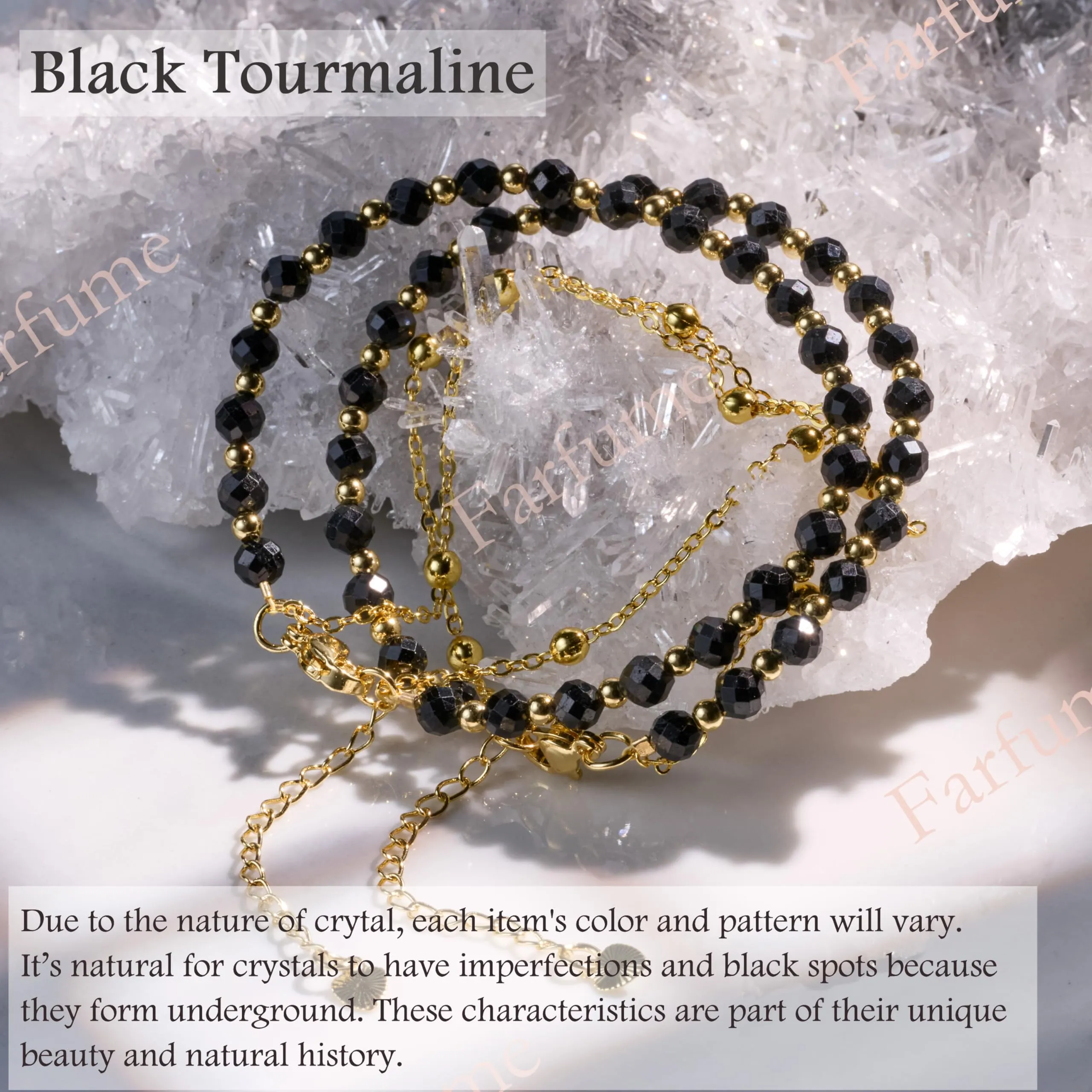 Farfume Bracciale in Tormalina Nera con Pietre Naturali da 4mm per Donna - immagine 4