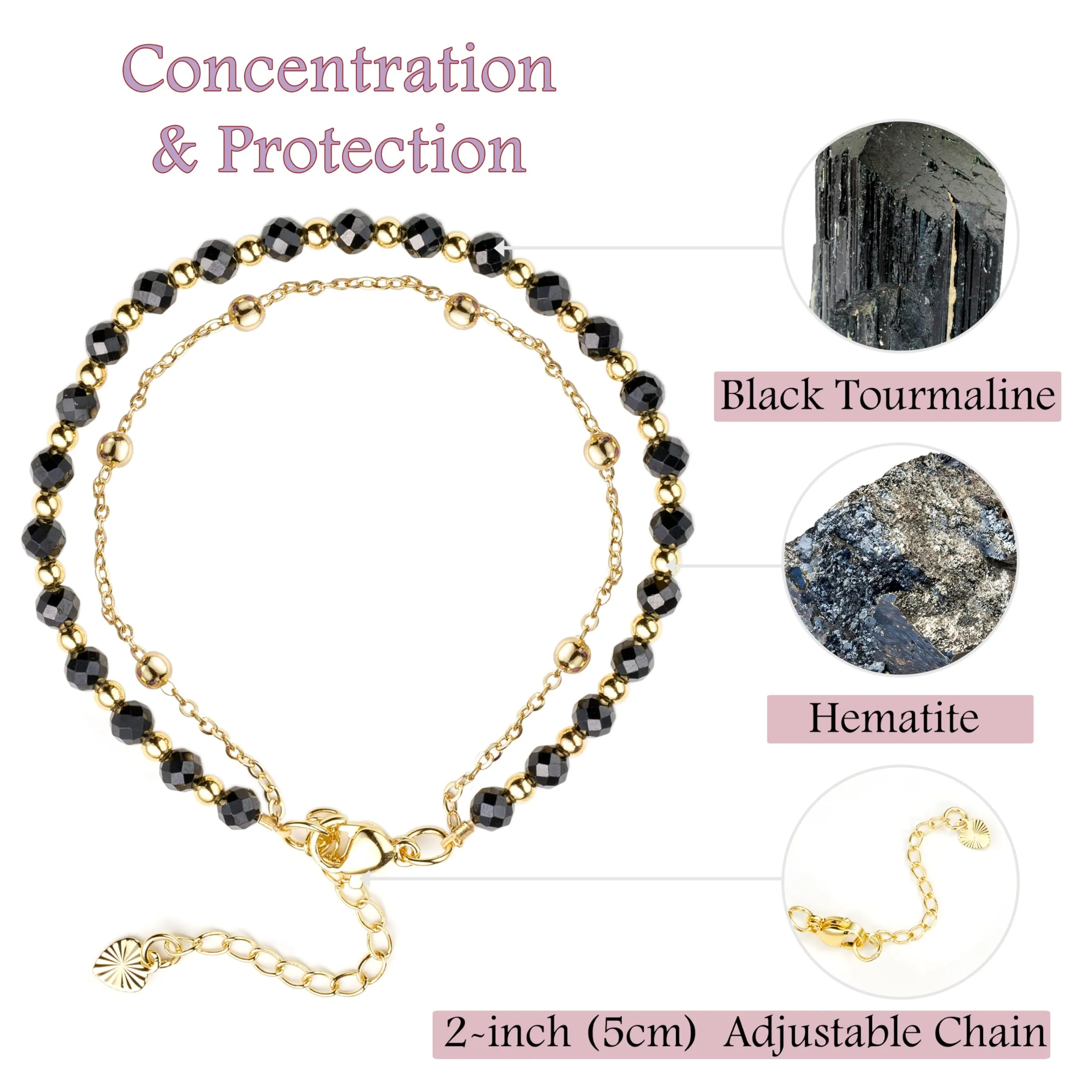 Farfume Bracciale in Tormalina Nera con Pietre Naturali da 4mm per Donna - immagine 5