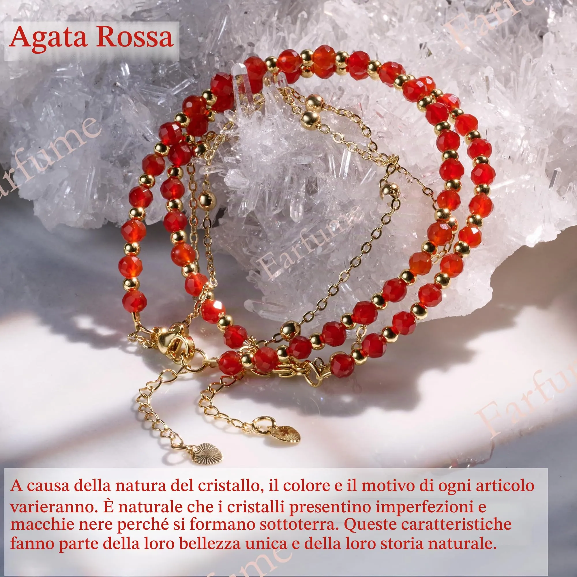 Farfume Bracciale in Agata Rossa per Donna, Perle in Pietra Naturale da 4mm - immagine 4