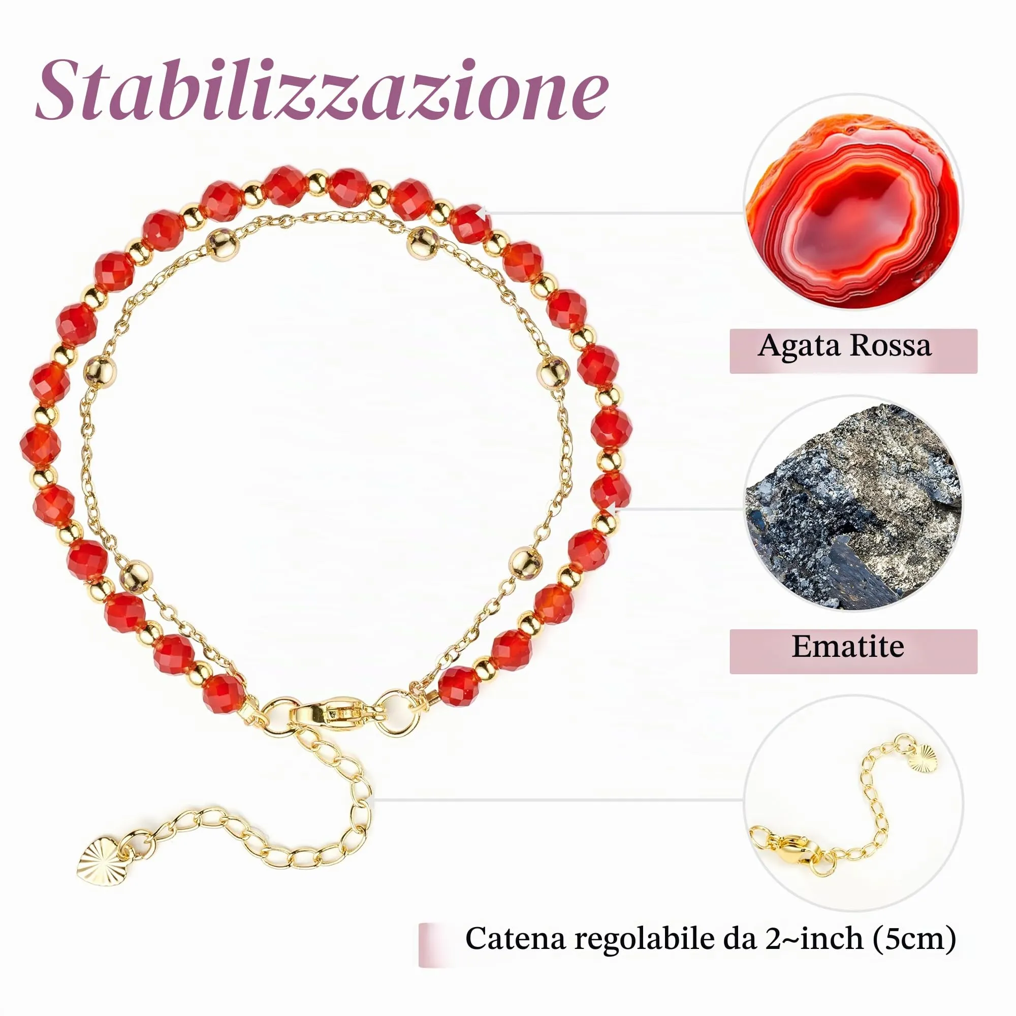 Farfume Bracciale in Agata Rossa per Donna, Perle in Pietra Naturale da 4mm - immagine 5
