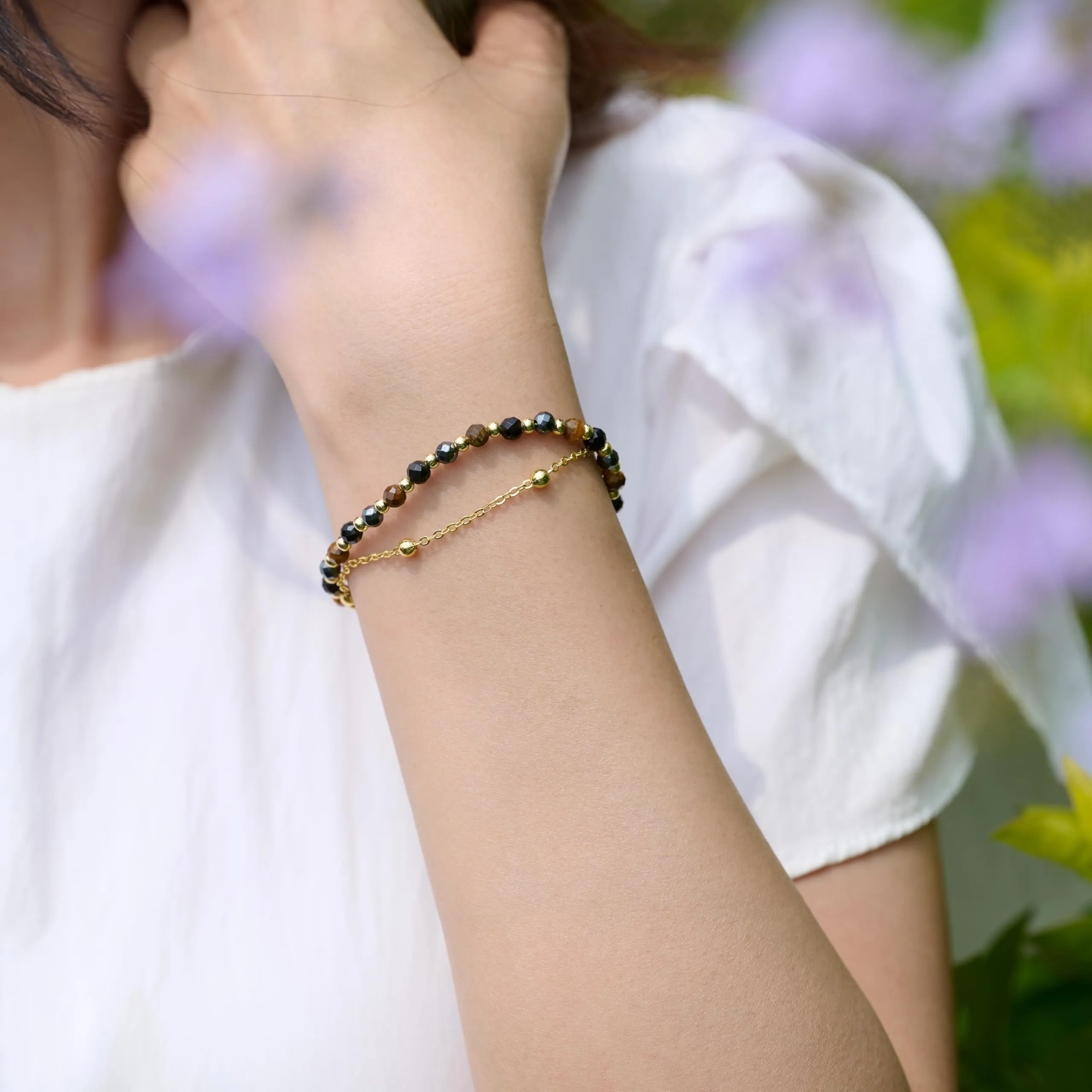 Farfume Bracciale in Pietre Naturali Protezione Tripla per Donna, Perle da 4mm - immagine 5