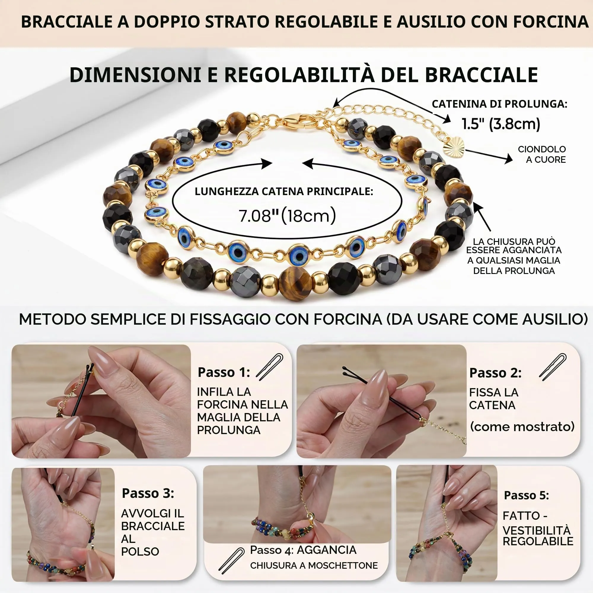 Farfume Bracciale in Occhio di Tigre, Perle in Pietra Naturale da 4mm per Donna - immagine 3