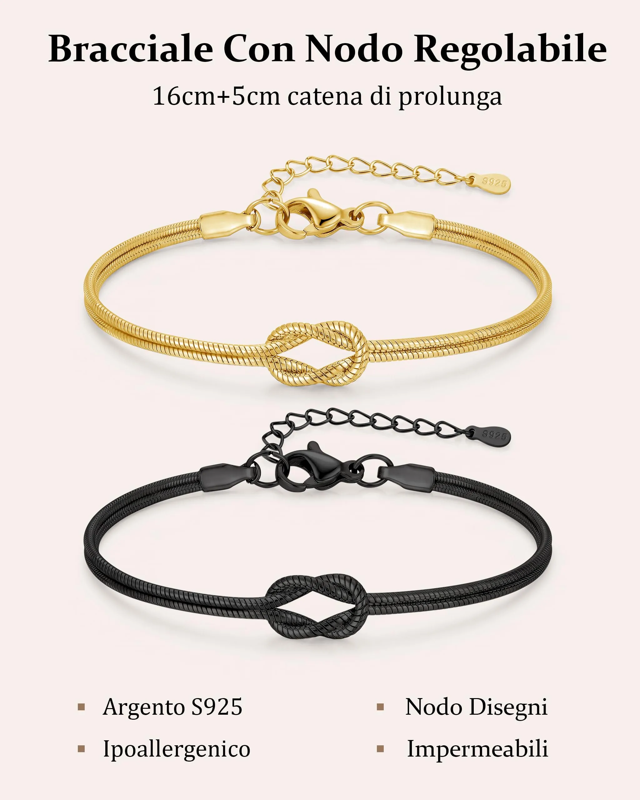 Ahokei Bracciale Amicizia Nodo S925 Regolabile - Oro e Nero - immagine 6