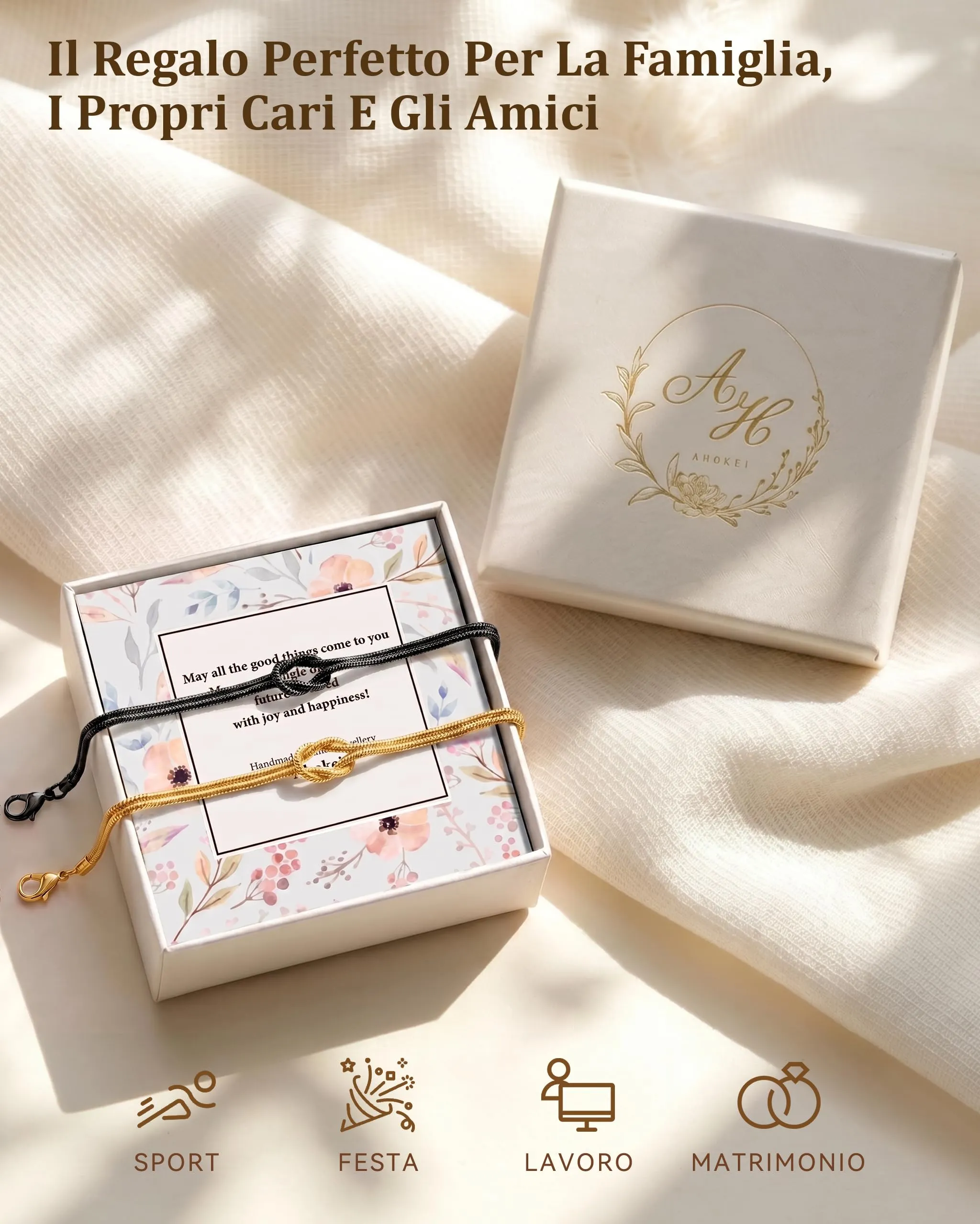 Ahokei Bracciale Amicizia Nodo S925 Regolabile - Oro e Nero - immagine 7