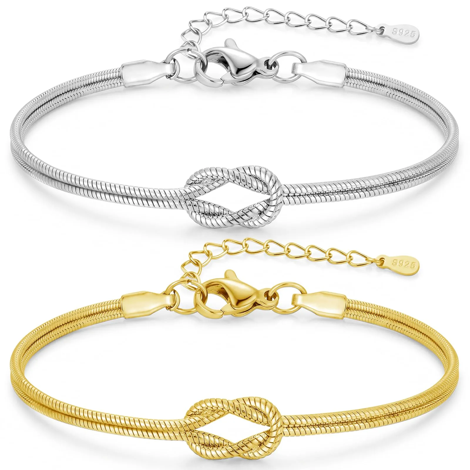 Ahokei Bracciale Amicizia Nodo in Argento S925 Regolabile, Oro e Argento - immagine 1