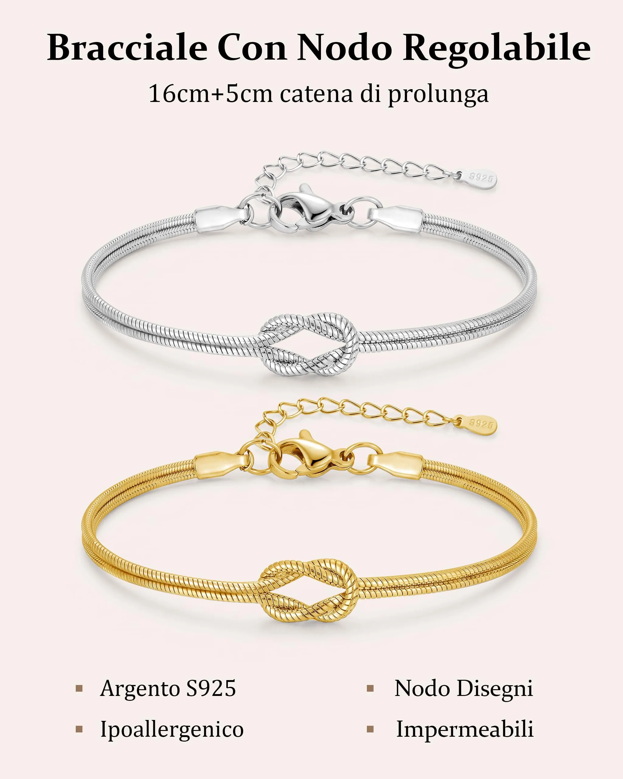 Ahokei Bracciale Amicizia Nodo in Argento S925 Regolabile, Oro e Argento - immagine 6
