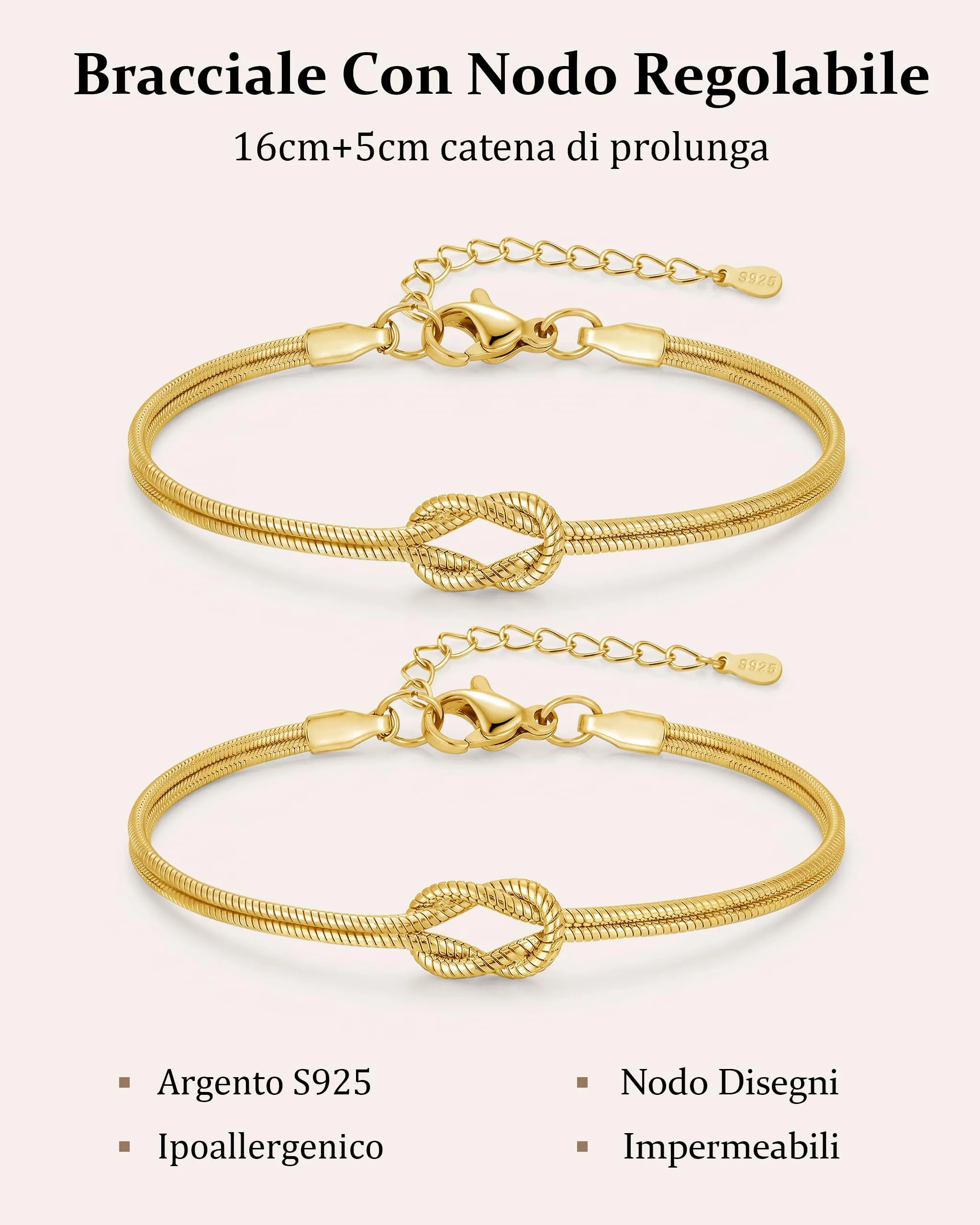 Ahokei Bracciale Amicizia Nodo S925, Set Coppia Oro Regolabile - immagine 6