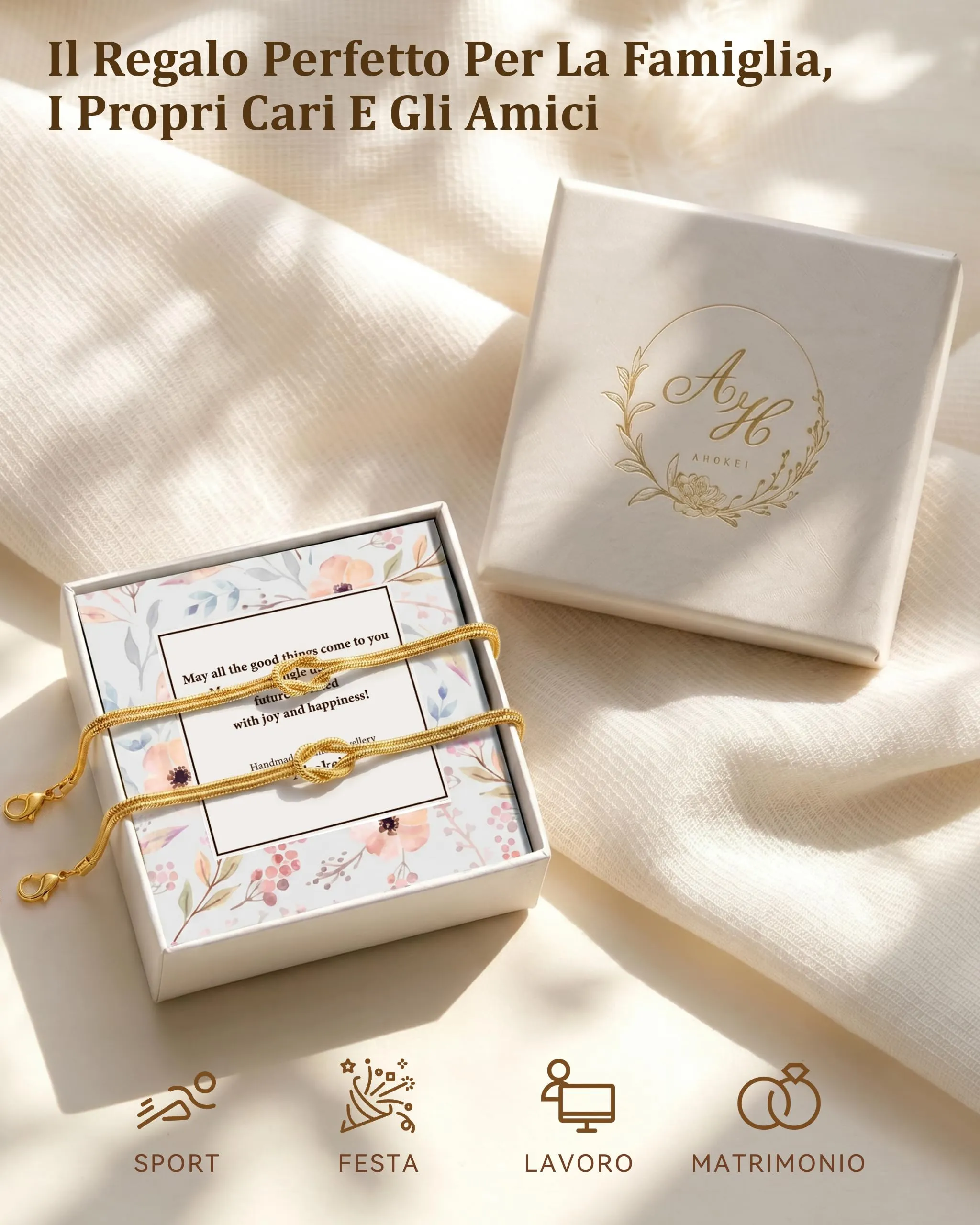 Ahokei Bracciale Amicizia Nodo S925, Set Coppia Oro Regolabile - immagine 7