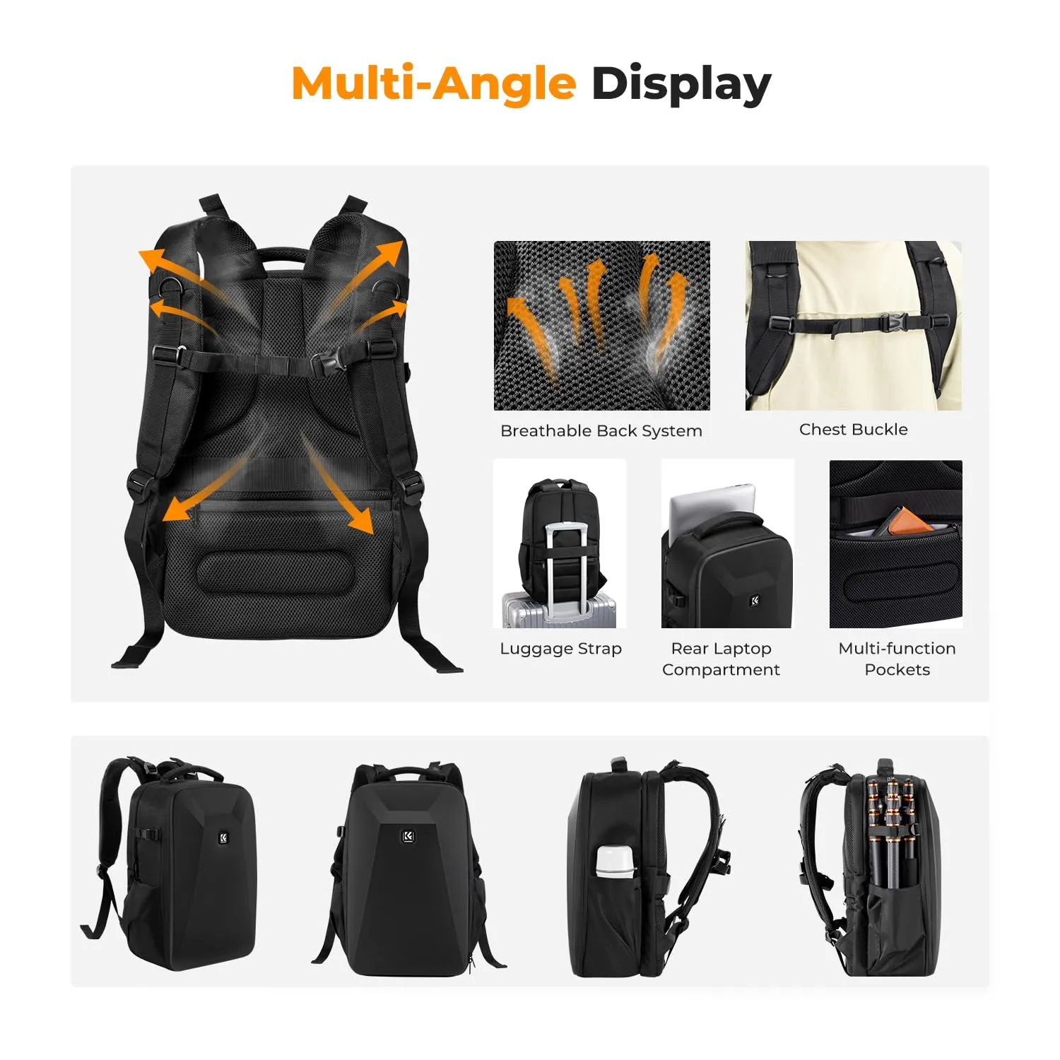K&F Concept Zaino Fotografico Antiurto Guscio Rigido Impermeabile 44cm Nero - immagine 4