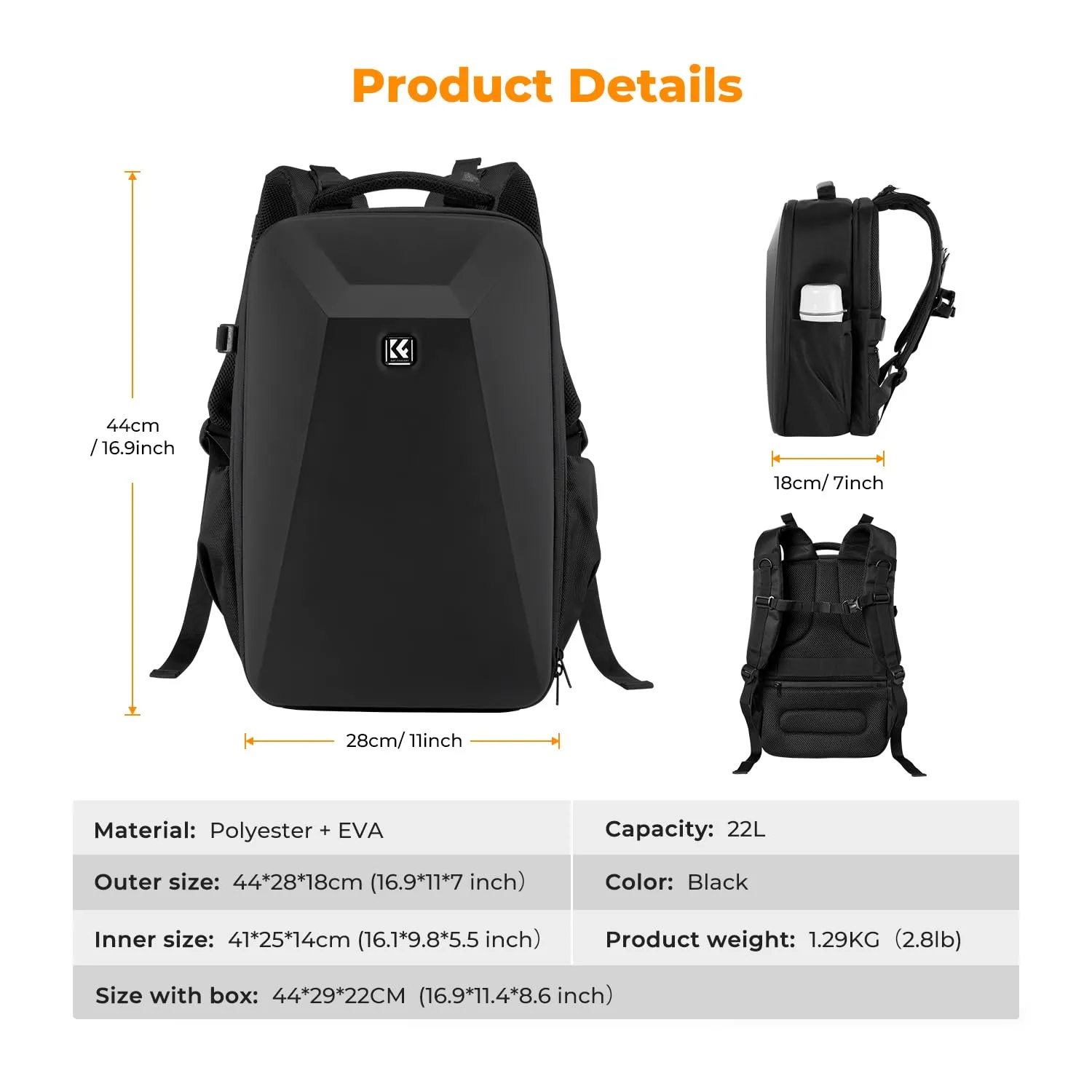 K&F Concept Zaino Fotografico Antiurto Guscio Rigido Impermeabile 44cm Nero - immagine 7