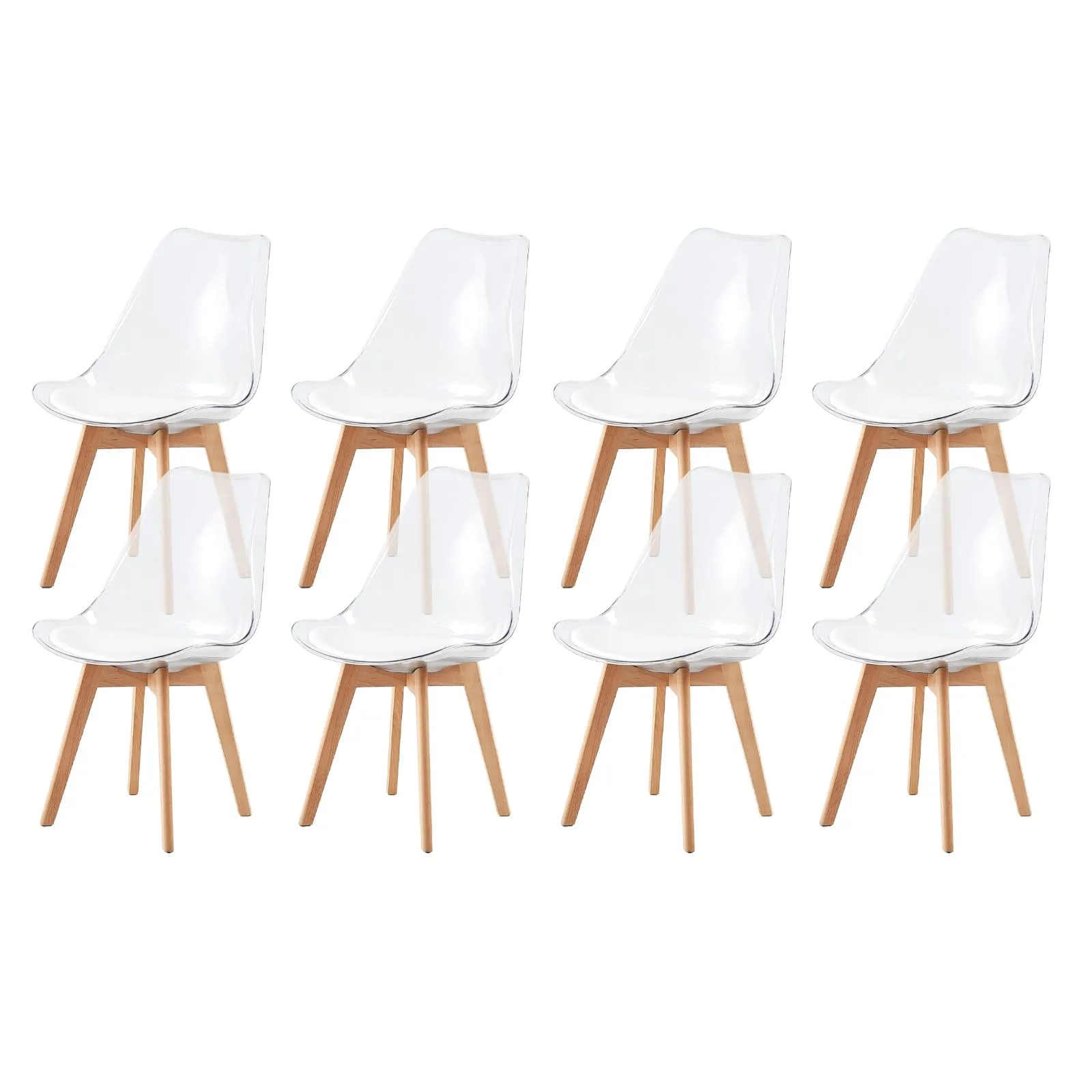 EGGREE Set di 8 Sedie da Pranzo Scandinave con Schienale Trasparente, Gambe in Legno di Faggio e Cuscino in Pelle PU Bianco - immagine 1