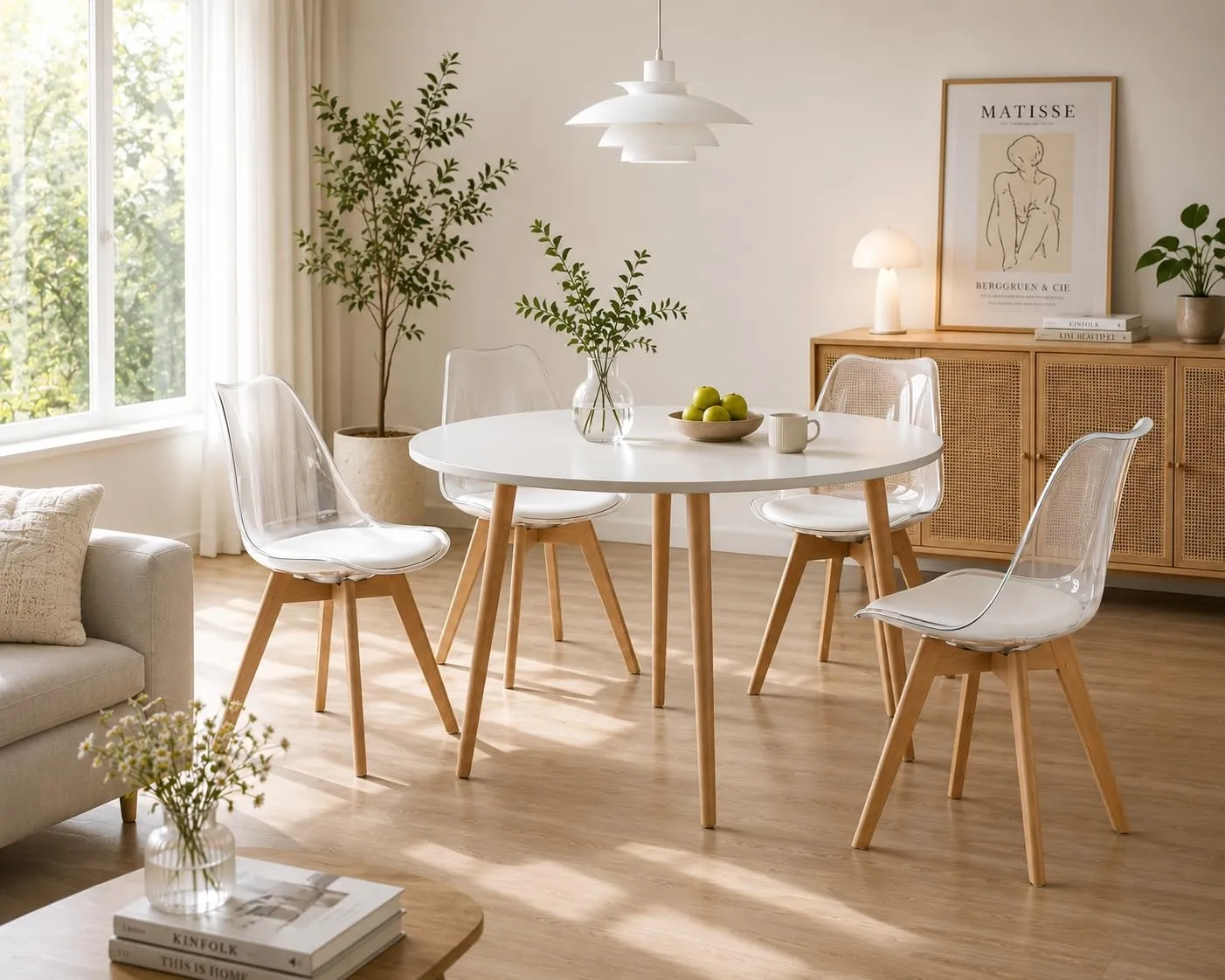 EGGREE Set di 8 Sedie da Pranzo Scandinave con Schienale Trasparente, Gambe in Legno di Faggio e Cuscino in Pelle PU Bianco - immagine 4