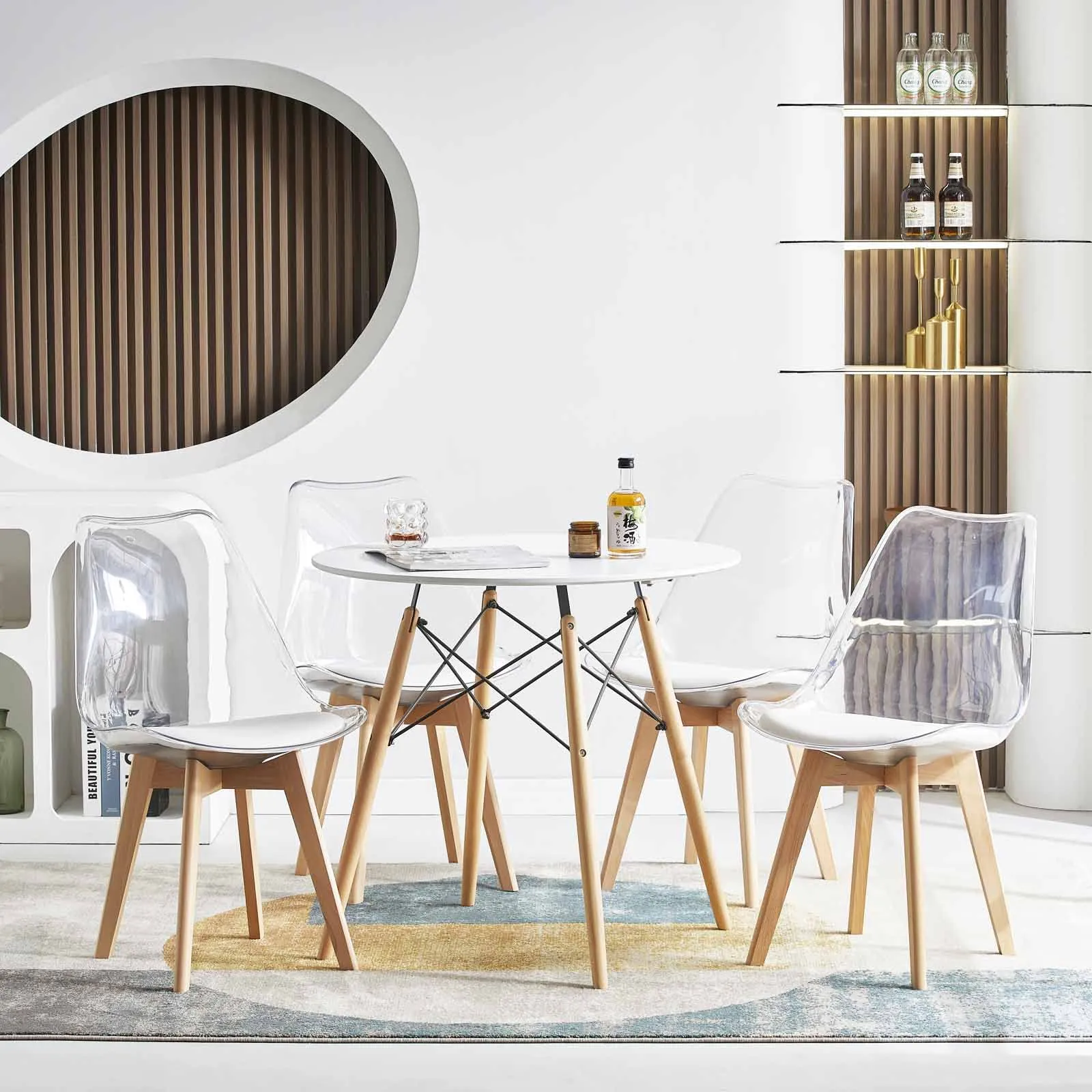 EGGREE Set di 8 Sedie da Pranzo Scandinave con Schienale Trasparente, Gambe in Legno di Faggio e Cuscino in Pelle PU Bianco - immagine 7