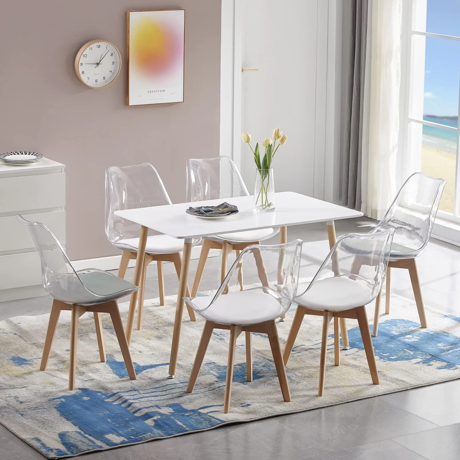 EGGREE Set di 8 Sedie da Pranzo Scandinave con Schienale Trasparente, Gambe in Legno di Faggio e Cuscino in Pelle PU Bianco - immagine 8