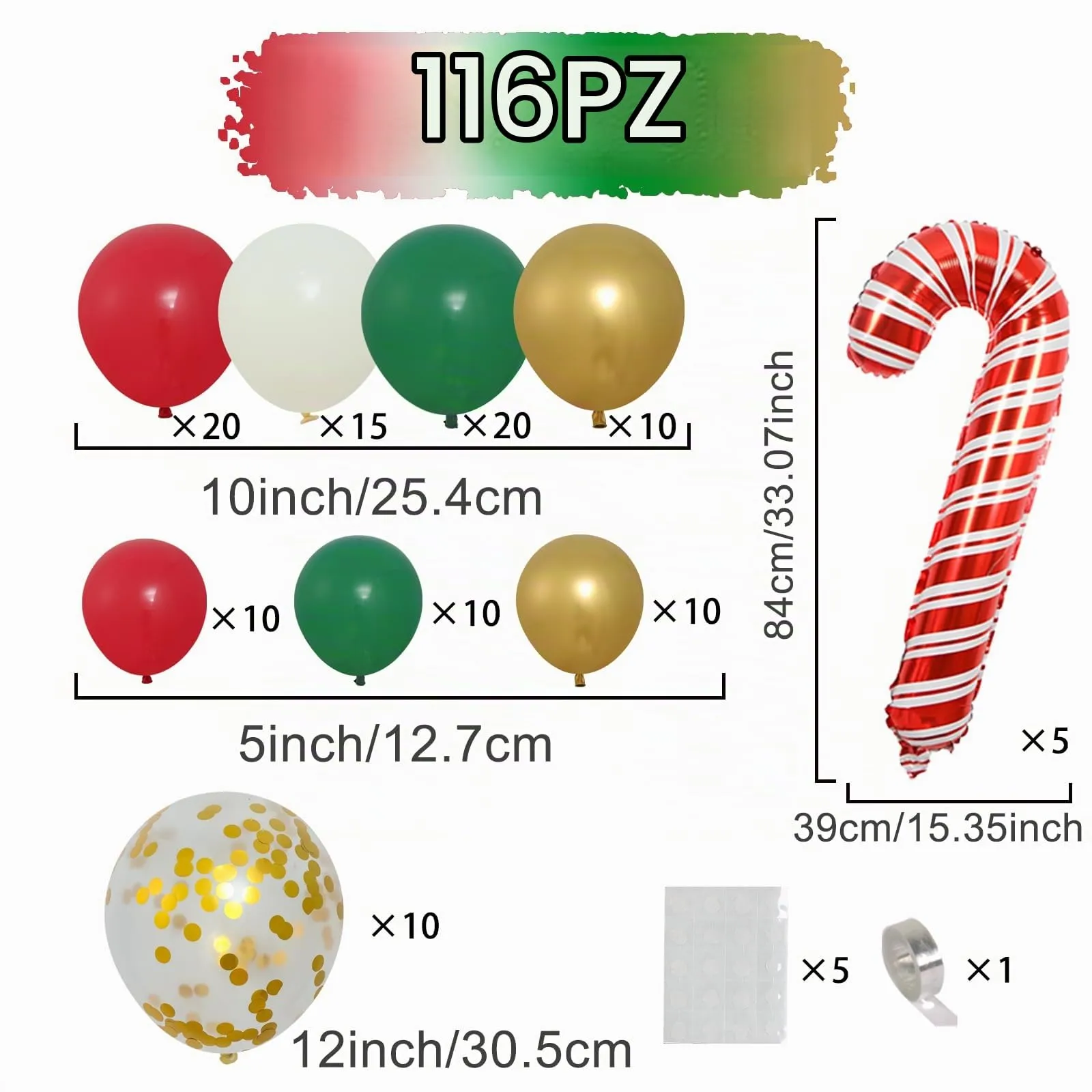 fairymaiden Kit Arco di Palloncini di Natale, 116 Pezzi, Rossi, Verdi, Oro e Bianchi con Candy Cane e Confetti - immagine 2