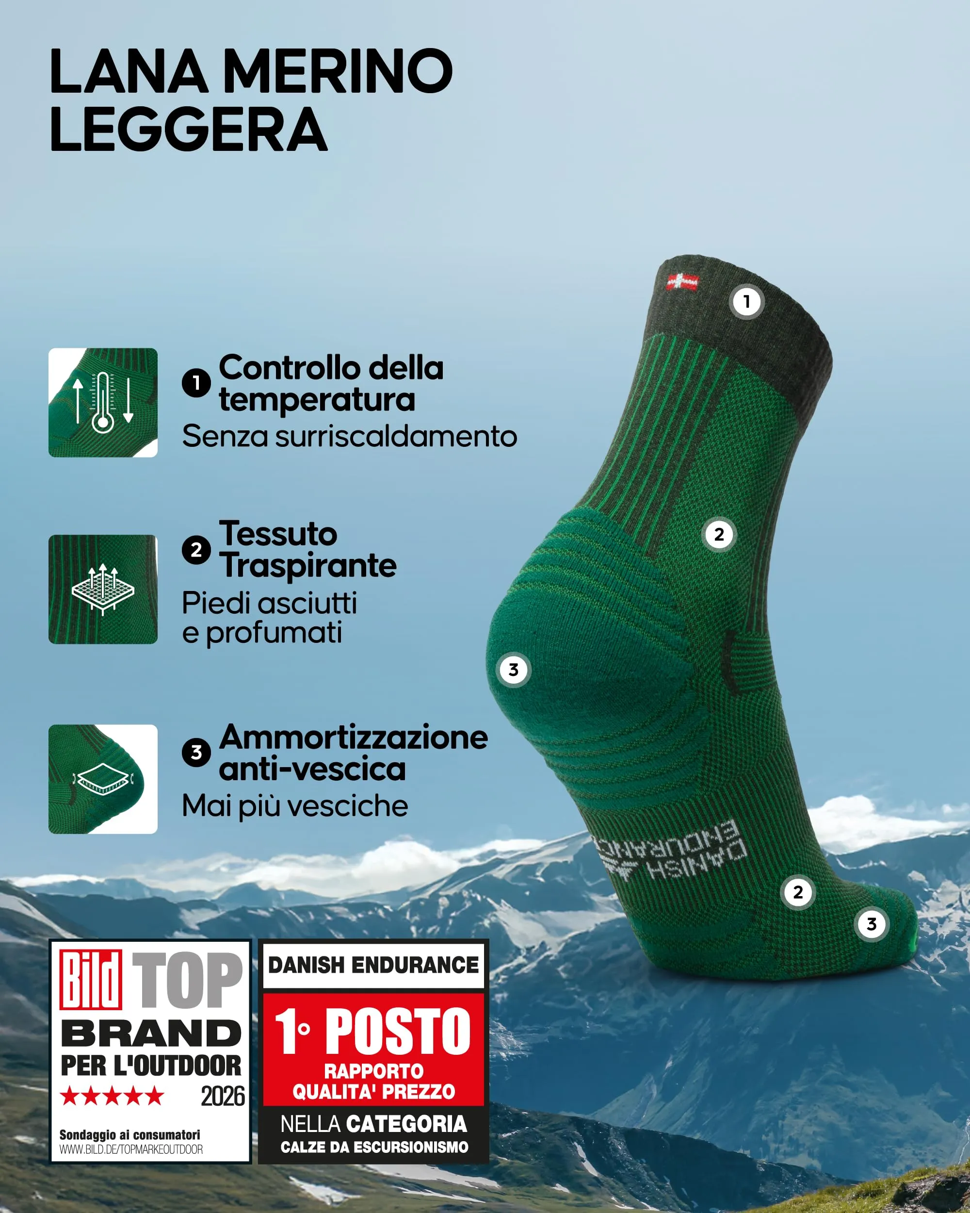 Danish Endurance Calze Trekking Leggere, 3 Paia, Verde, 43-47 - immagine 2