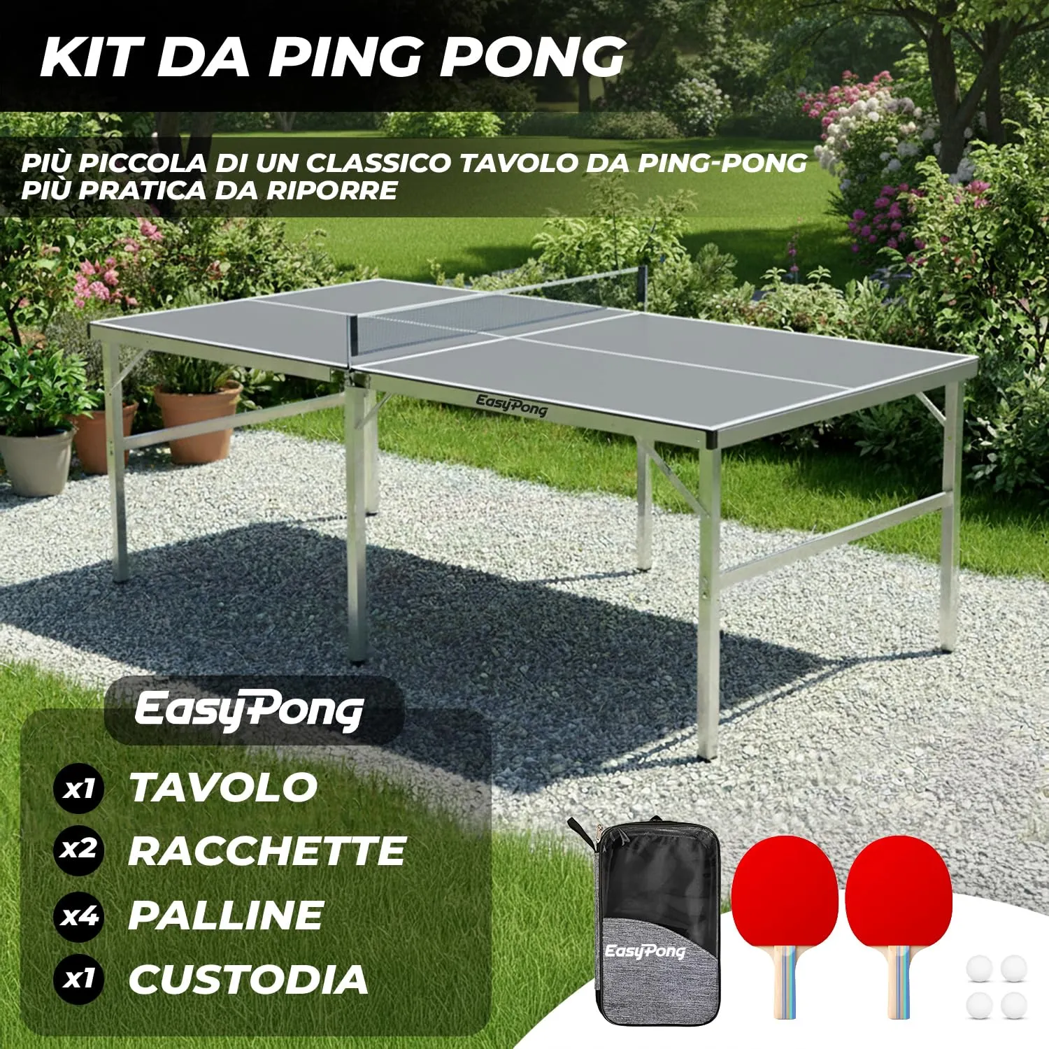 Original Cup EasyPong Tavolo da Ping Pong Grigio 182x91cm con 2 Racchette e 4 Palline - immagine 2