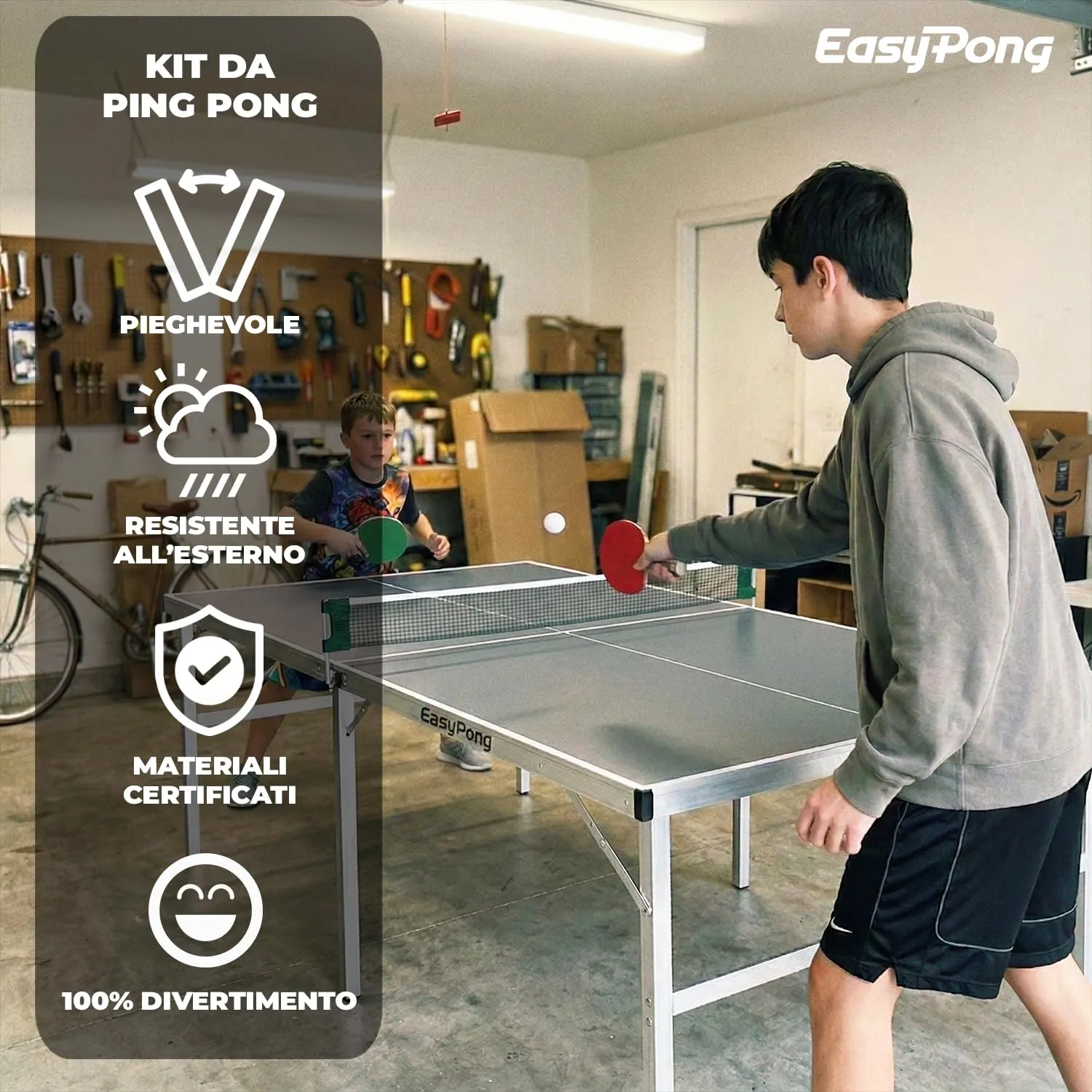 Original Cup EasyPong Tavolo da Ping Pong Grigio 182x91cm con 2 Racchette e 4 Palline - immagine 3
