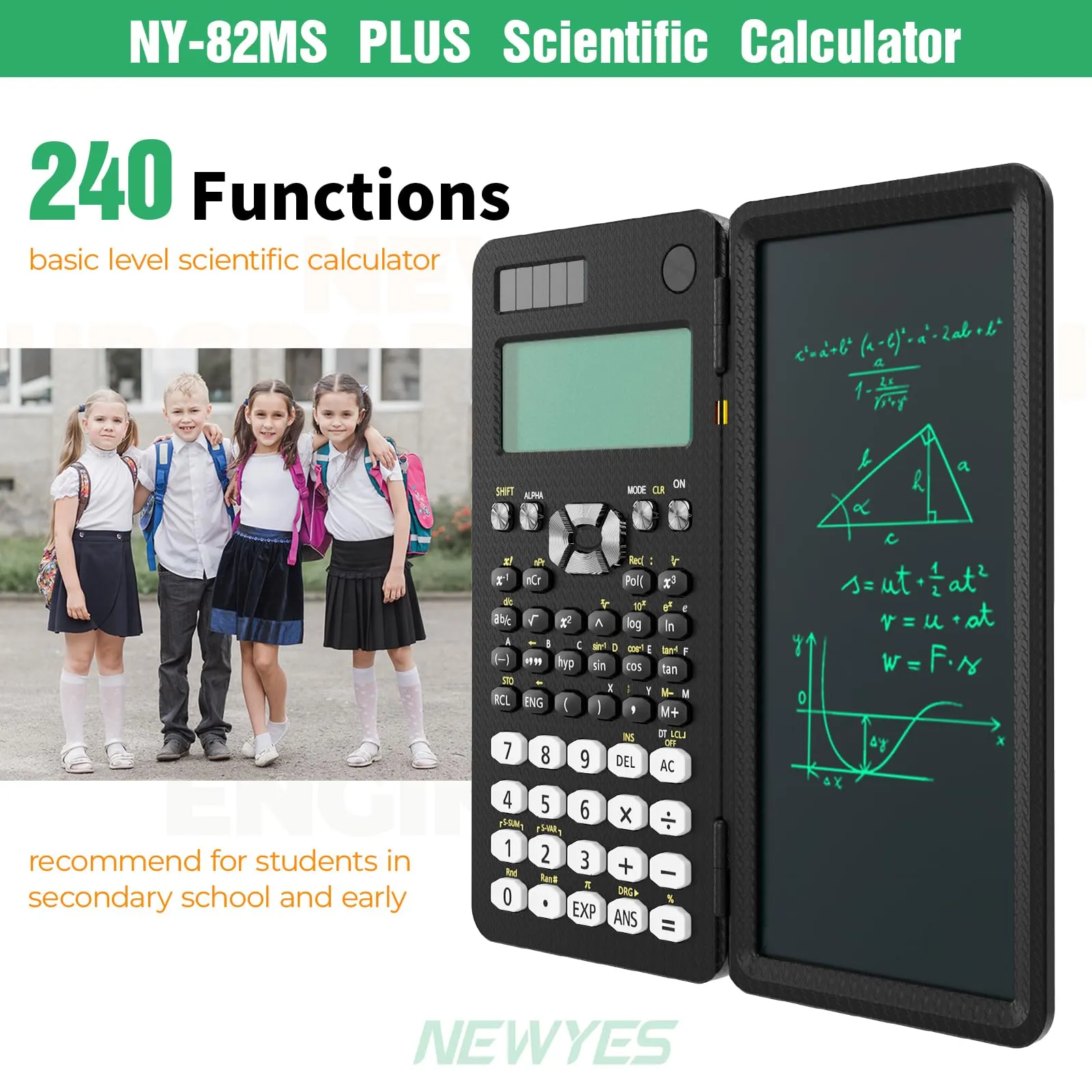 NEWYES 82MS Calcolatrice Scientifica con Tavoletta per Scrivere e Custodia Protettiva, 240 Funzioni, Nera - immagine 2
