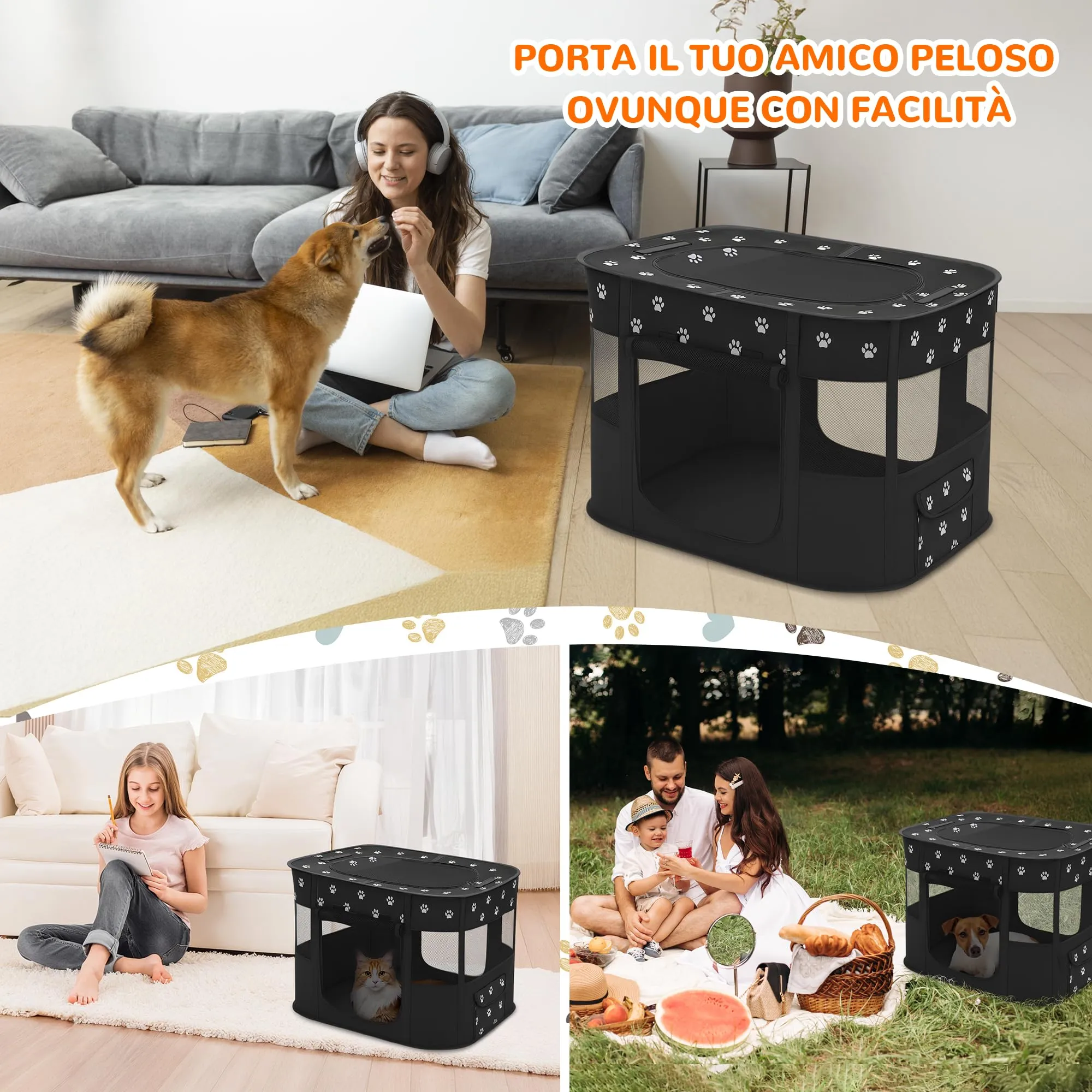 ALLSOPETS Recinto per Cani da Interno Pieghevole, Zampa Nera, M - immagine 2