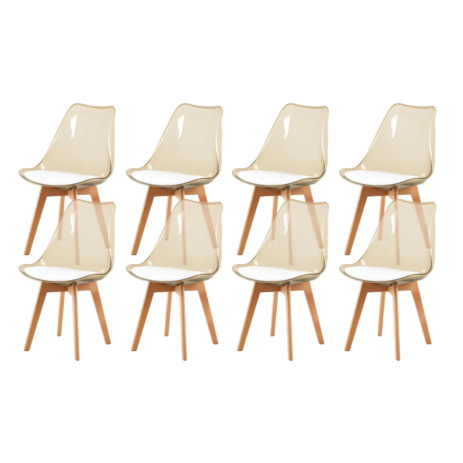 EGGREE Set di 8 Sedie da Pranzo Scandinave con Schienale Trasparente Marrone, Gambe in Legno di Faggio e Cuscino in Pelle PU Bianco - immagine 1