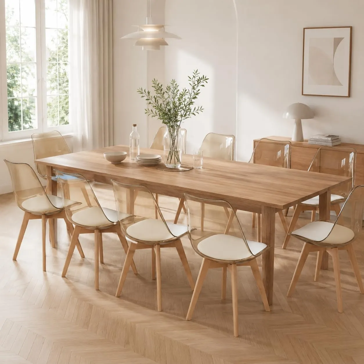 EGGREE Set di 8 Sedie da Pranzo Scandinave con Schienale Trasparente Marrone, Gambe in Legno di Faggio e Cuscino in Pelle PU Bianco - immagine 3