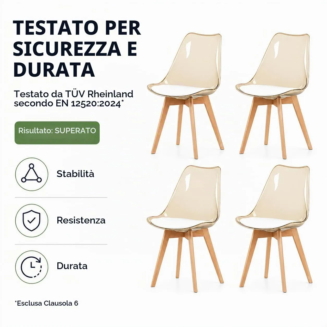 EGGREE Set di 8 Sedie da Pranzo Scandinave con Schienale Trasparente Marrone, Gambe in Legno di Faggio e Cuscino in Pelle PU Bianco - immagine 4