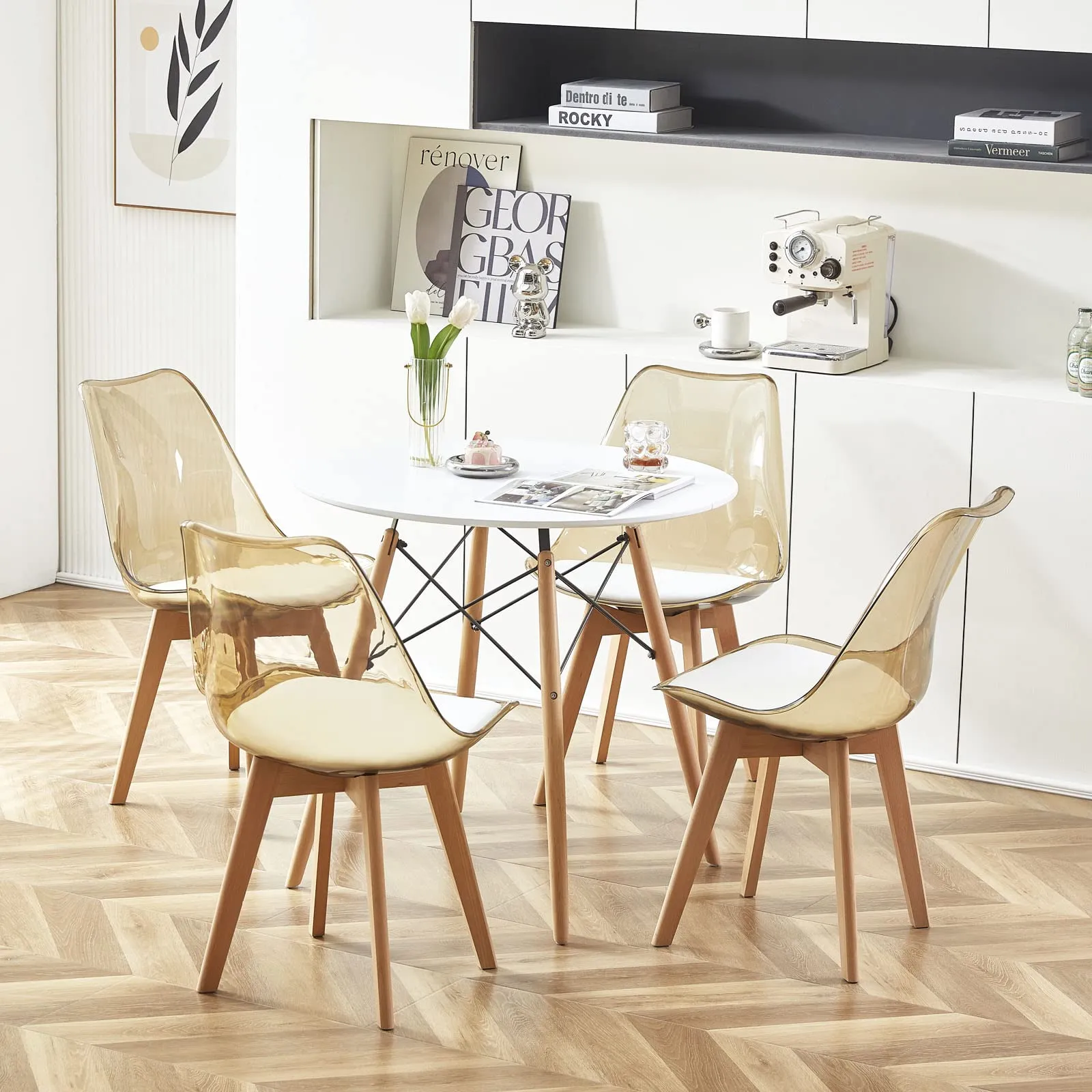 EGGREE Set di 8 Sedie da Pranzo Scandinave con Schienale Trasparente Marrone, Gambe in Legno di Faggio e Cuscino in Pelle PU Bianco - immagine 6