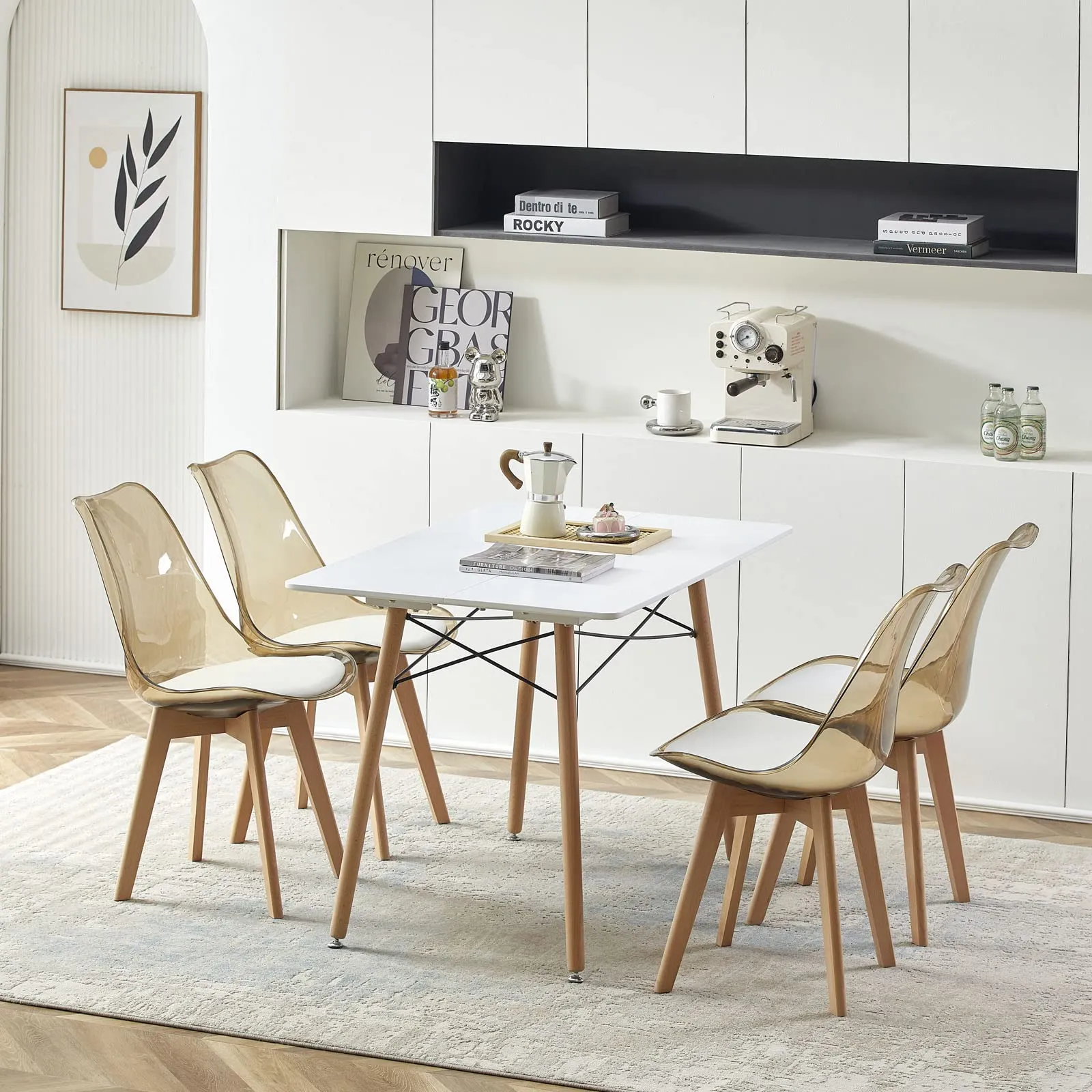 EGGREE Set di 8 Sedie da Pranzo Scandinave con Schienale Trasparente Marrone, Gambe in Legno di Faggio e Cuscino in Pelle PU Bianco - immagine 7